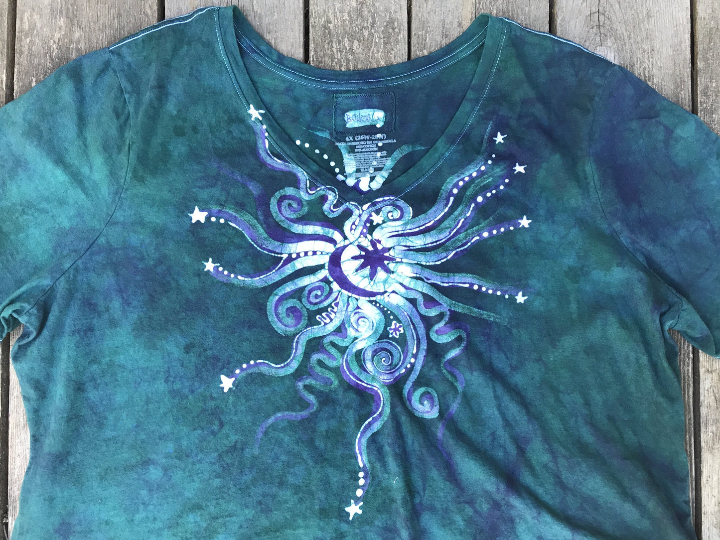 Teal and Purple Moonbeams Handmade Batik Summer Vneck Tee