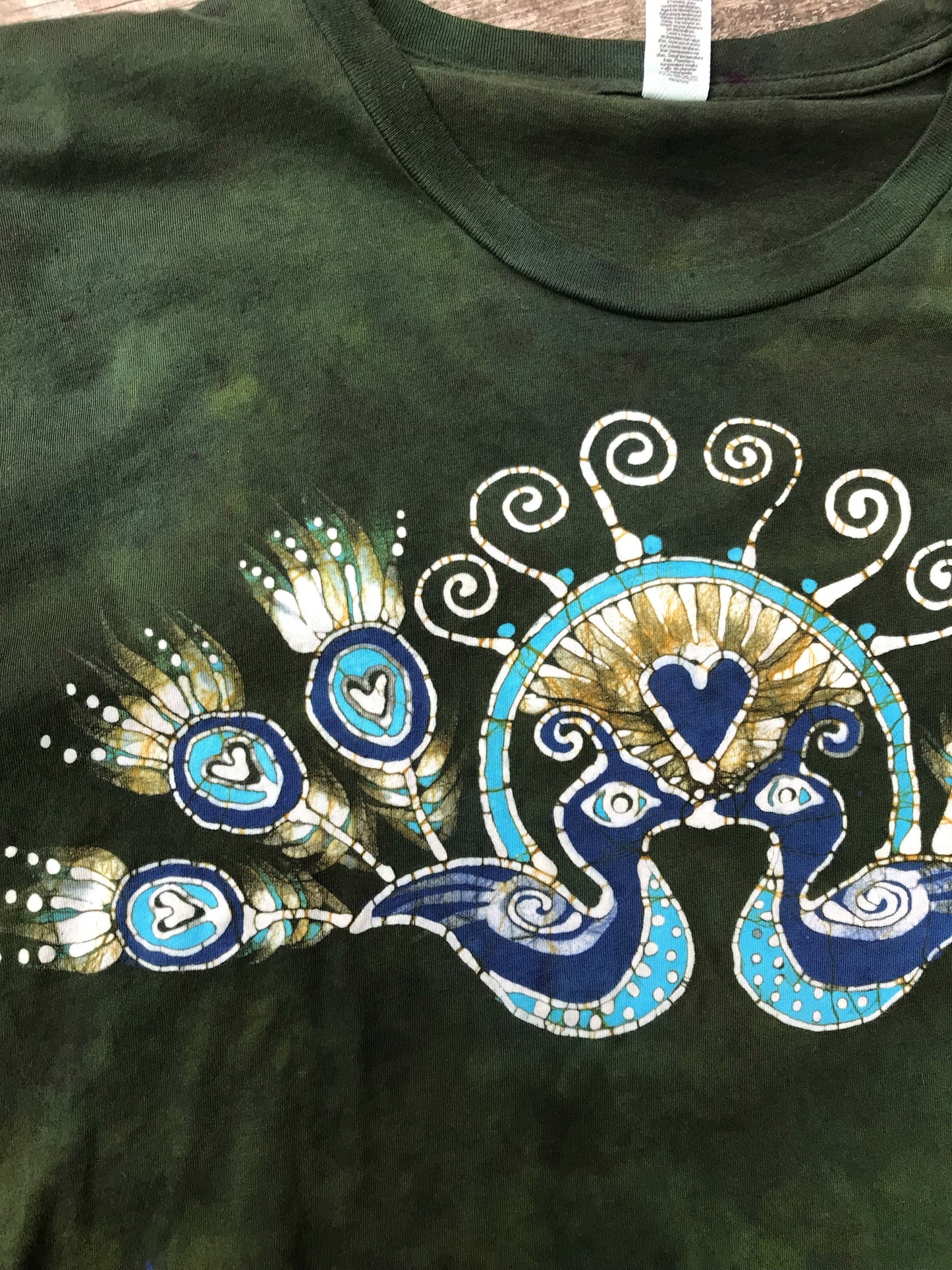 Kissing Peacocks Handmade GREEN Batik Tshirt - 2X Long ONLY tshirt batikwalla