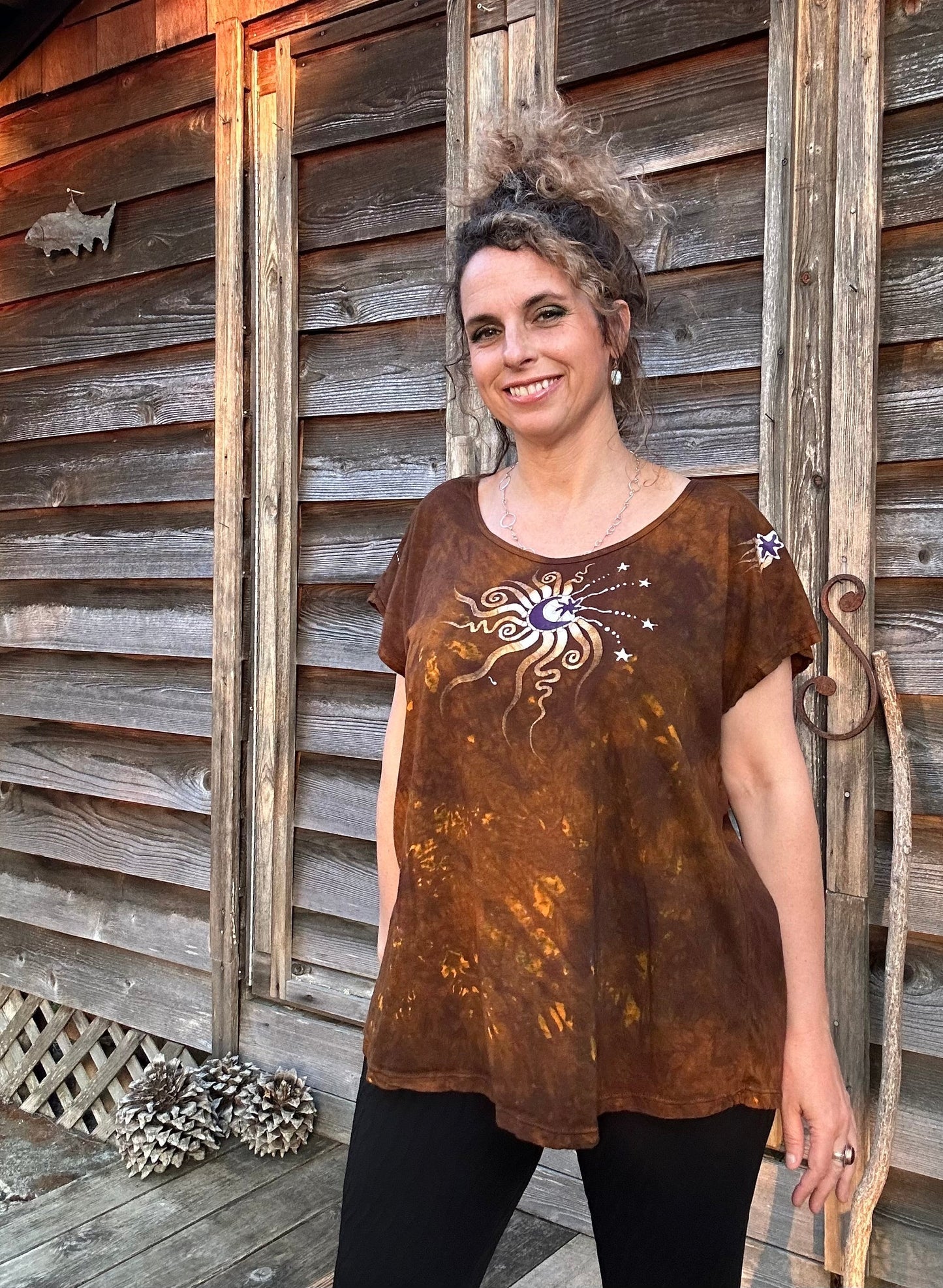 Dark Gold and Purple Moonbeams Handmade Batik Scoop Neck Tshirt Tops batikwalla 2X