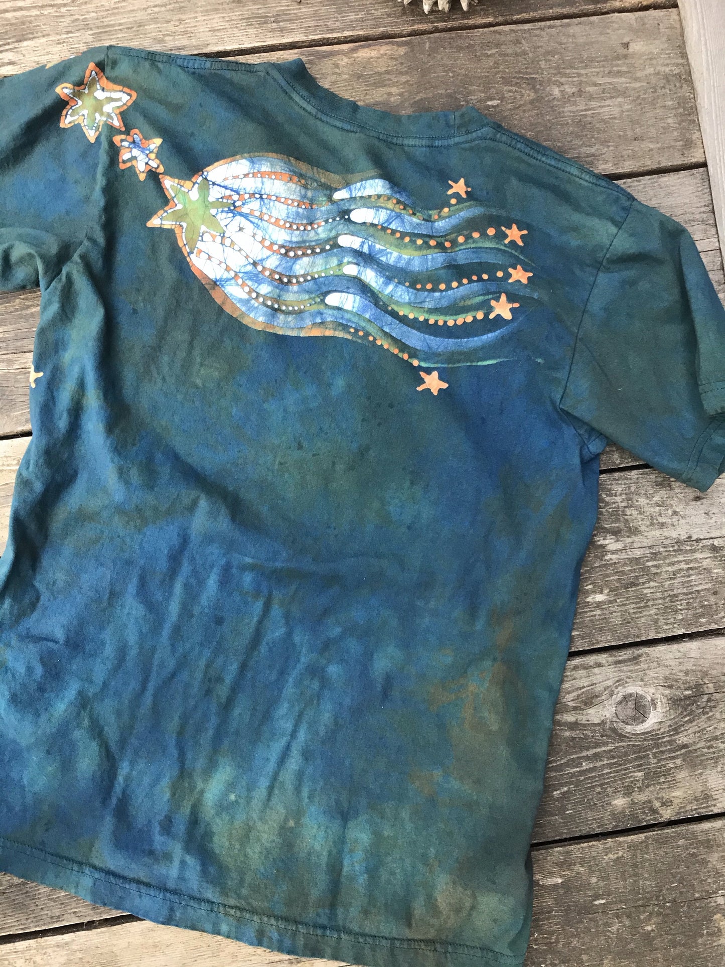 Peach and Teal Moonbeams Hand Painted Batikwalla Vneck Tshirt - Unisex Tshirts batikwalla