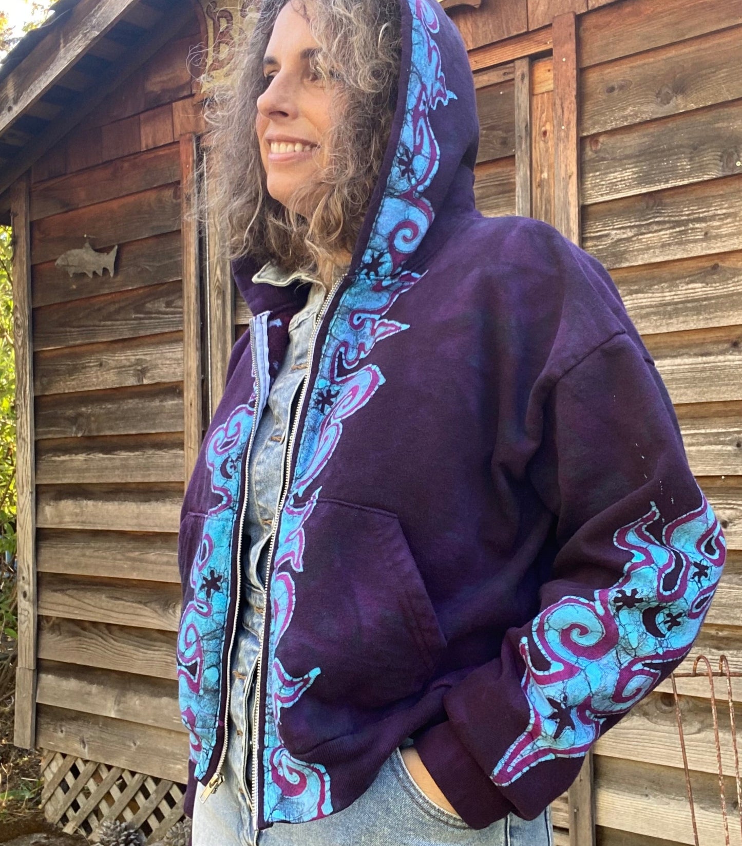 Midnight Purple with Turquoise Flames Handmade Batik Hoodie - Size M/L hoodie batikwalla