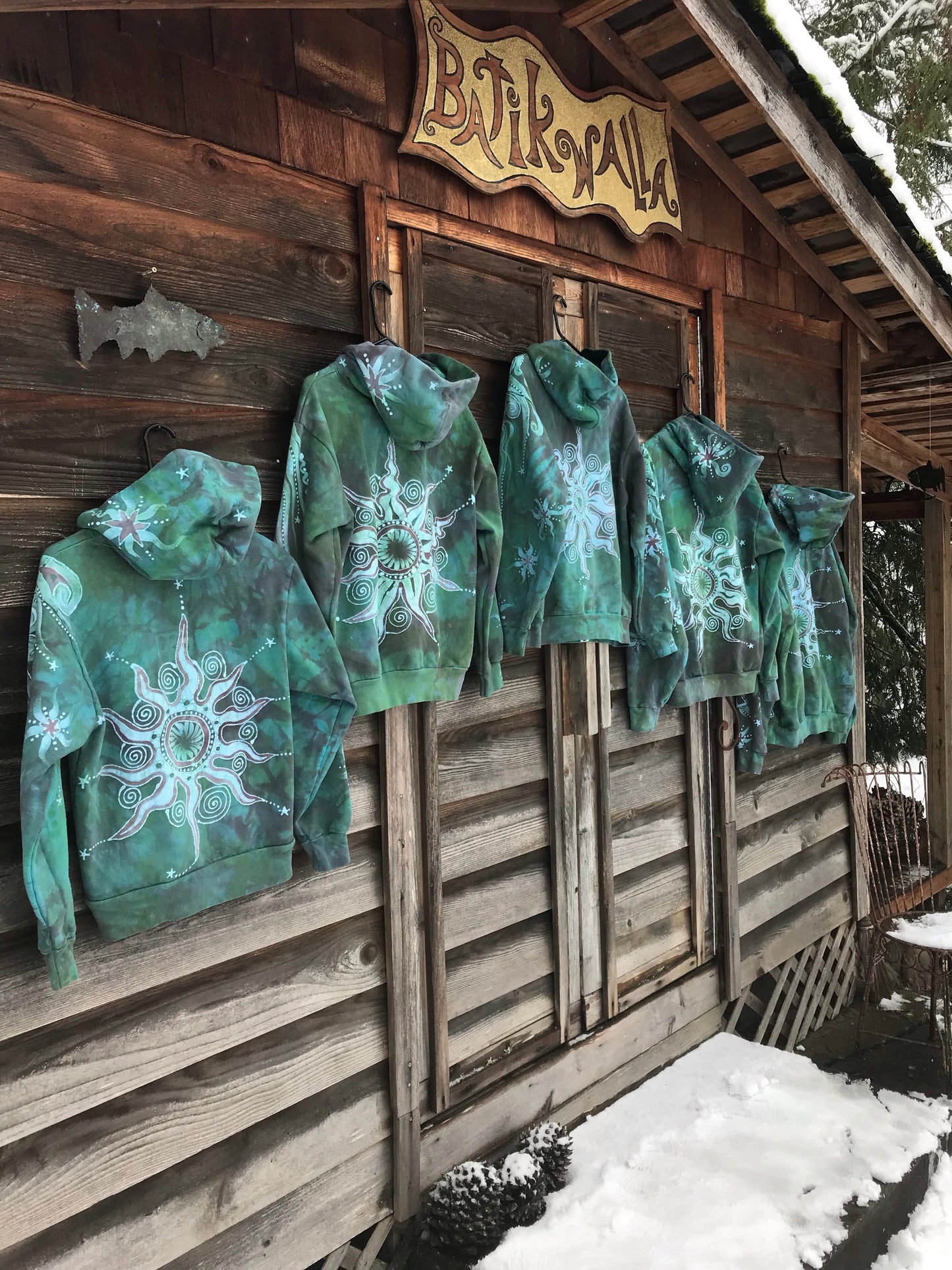 Mushroom and Moss Green Moon Handcrafted Batik Zipper Hoodie - Size Medium hoodie batikwalla