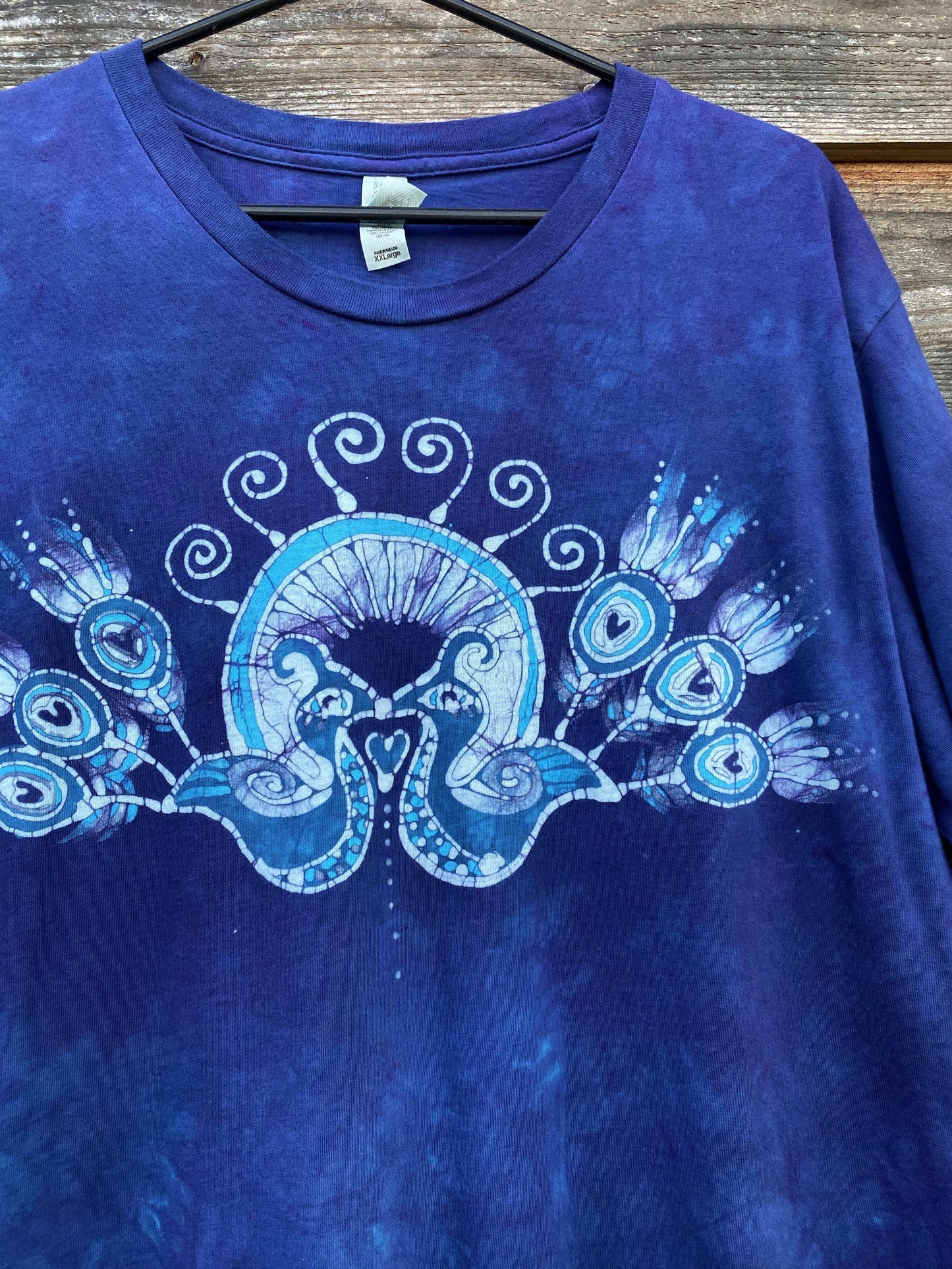 Kissing Peacocks Handmade Blue Batik Tshirt - 2X Long ONLY tshirt batikwalla
