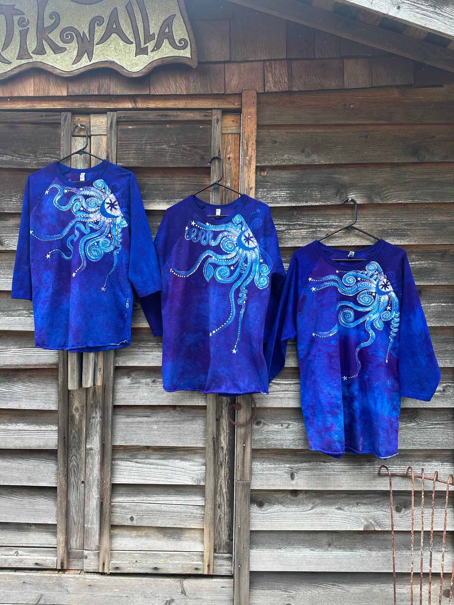 Purple and Blue Moonbeams Raglan Quarter Sleeves Batik Tee Shirts & Tops Batikwalla