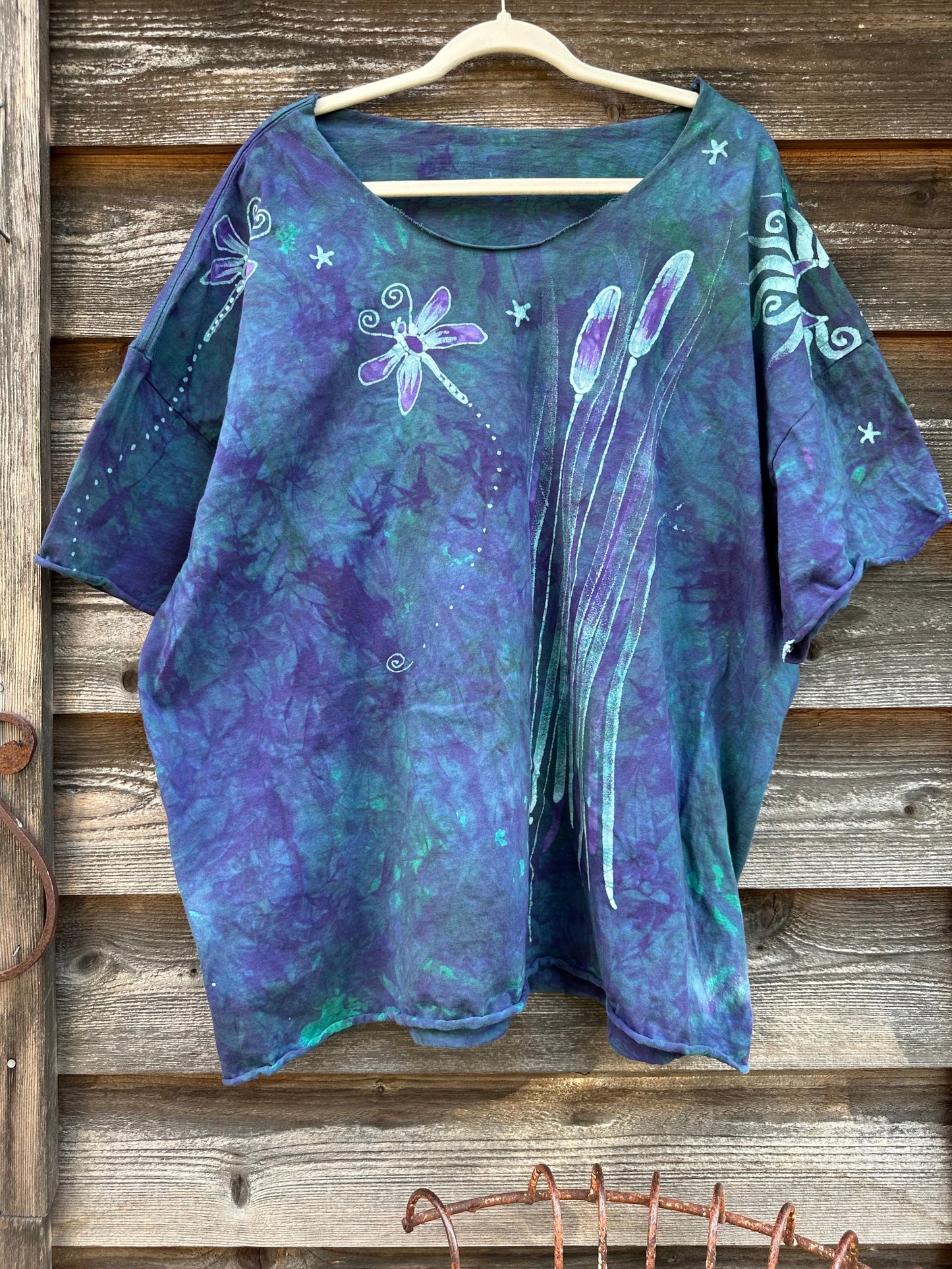 Dragonfly in Teal and Purple Cotton Cropped Crew Tee - Size 3X Shirts & Tops Batikwalla by Victoria 3X
