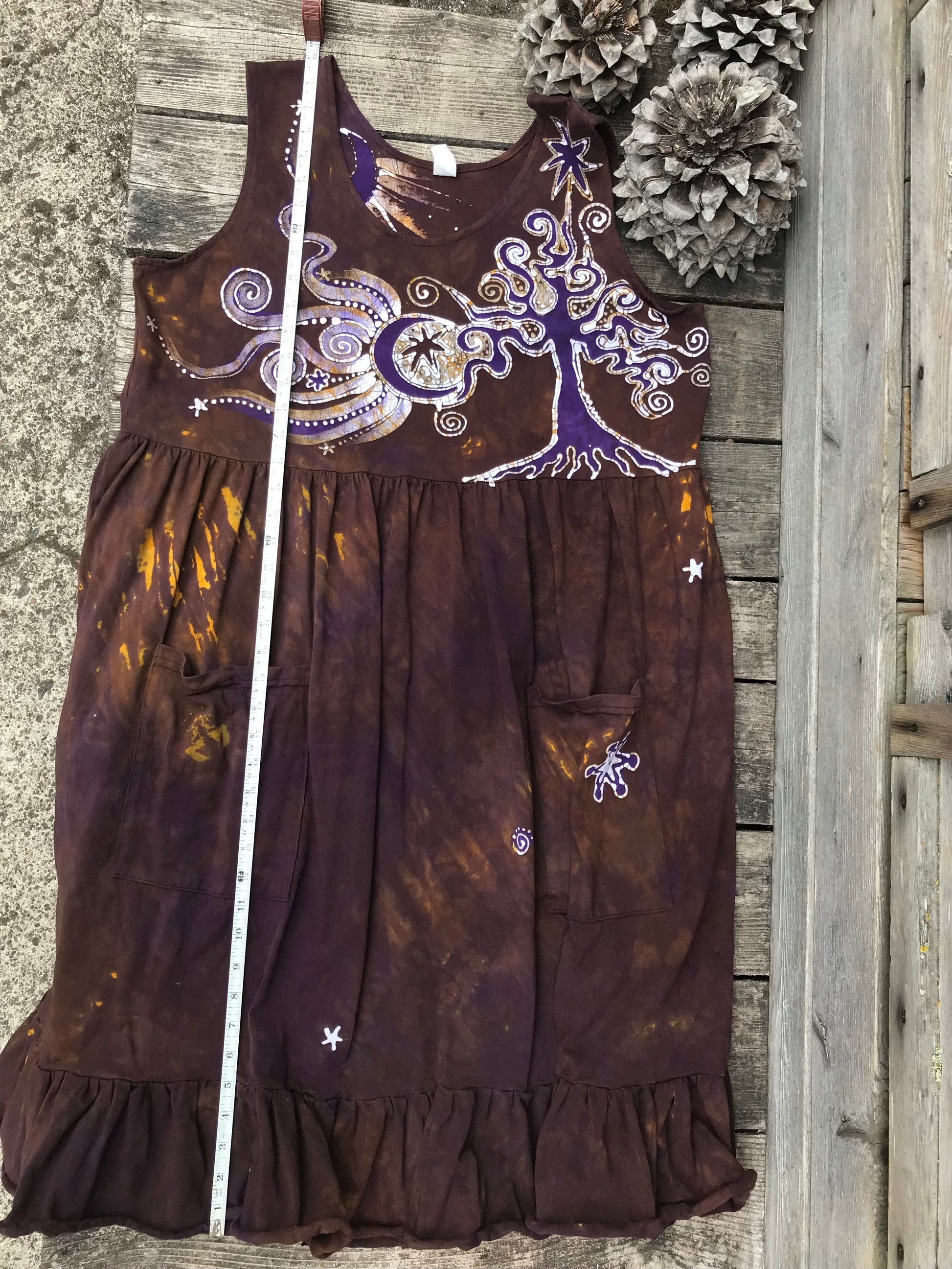 Reserved for Karin - Golden Sun Purple Forest Farmer's Market Pocket Dress - Size 2X Batik Dresses Batikwalla