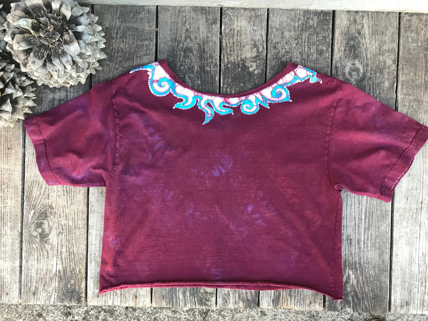 Turquoise and Rust Perpetual Waves of Moonlight Oversize Crop Top Batikwalla by Victoria