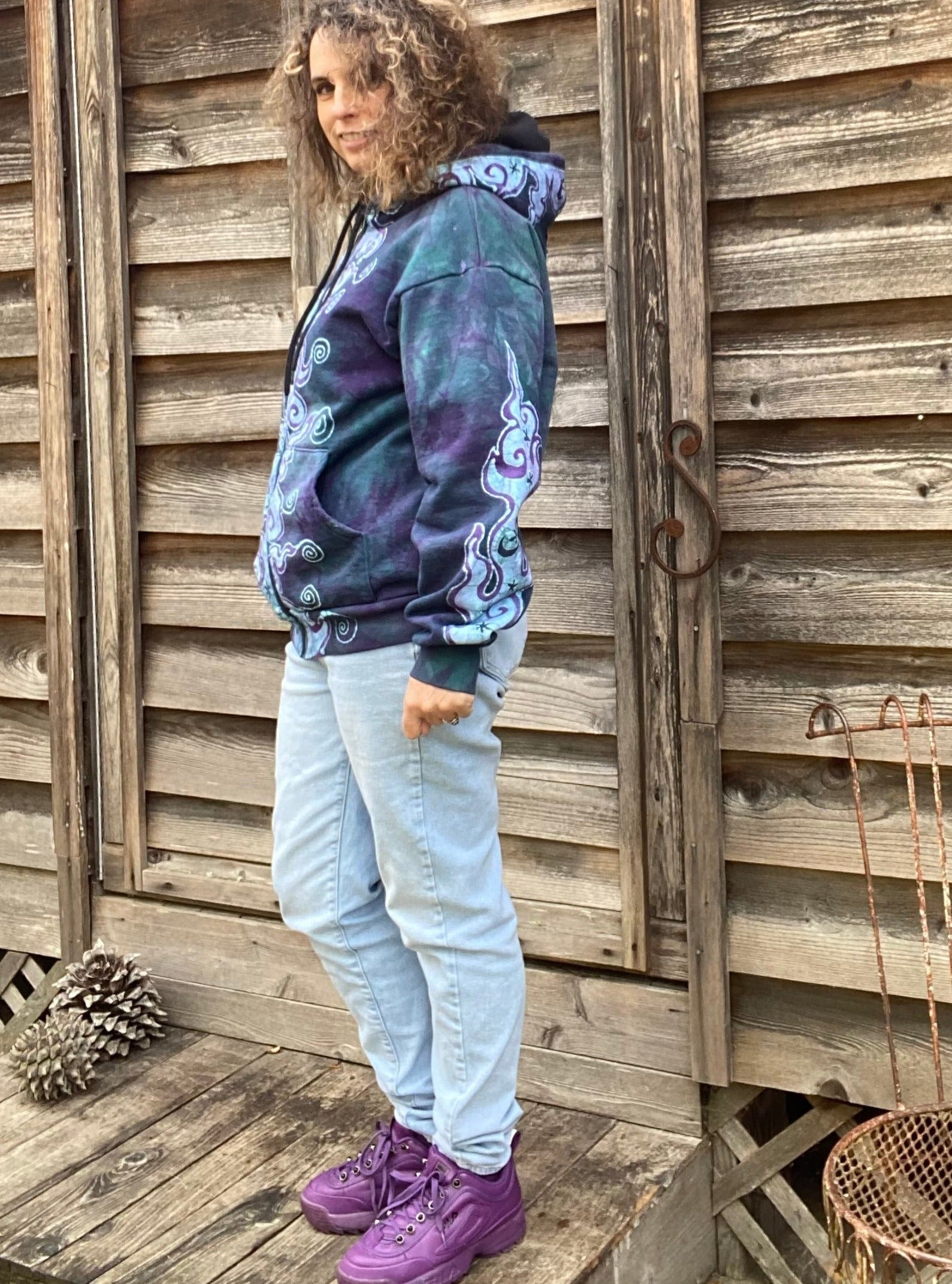 Teal and Purple Tuxedo Swirls with Stars Handcrafted Batik Zipper Hoodie - Medium hoodie batikwalla