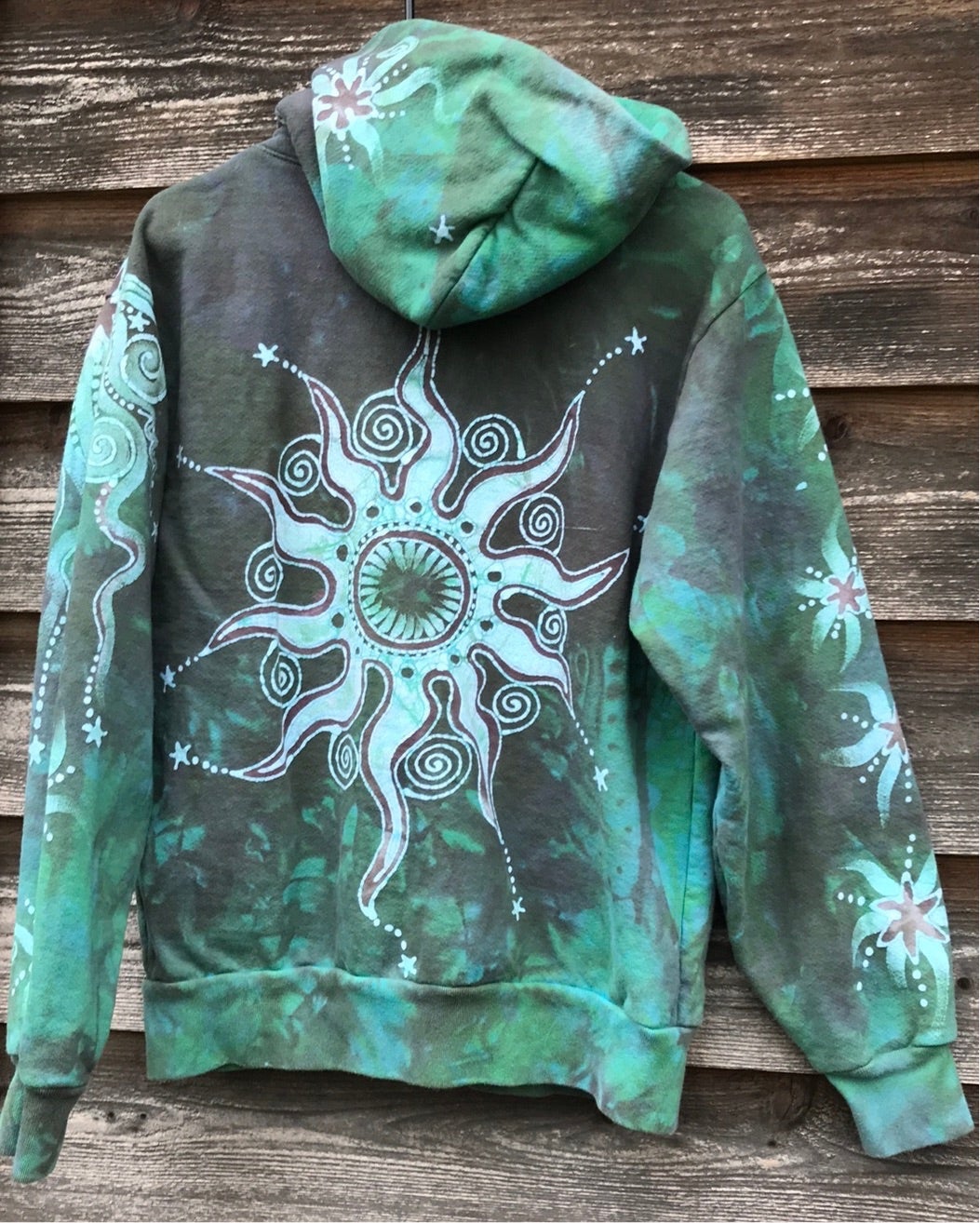 Mushroom and Moss Green Moon Handcrafted Batik Zipper Hoodie - Size Small hoodie batikwalla