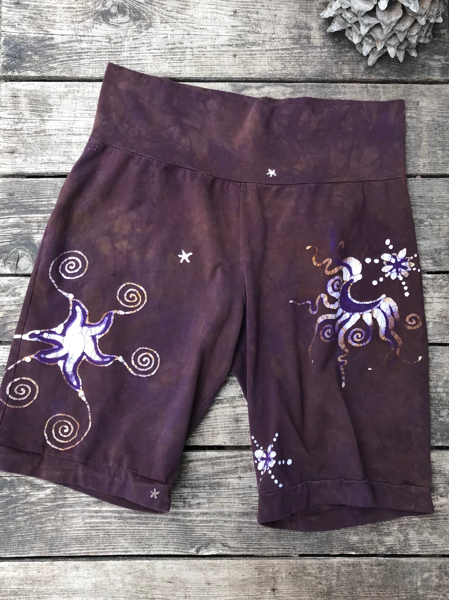 Earth Moon and Stars Batik Biker Shorts - Purple Highlights 2X Batikwalla by Victoria