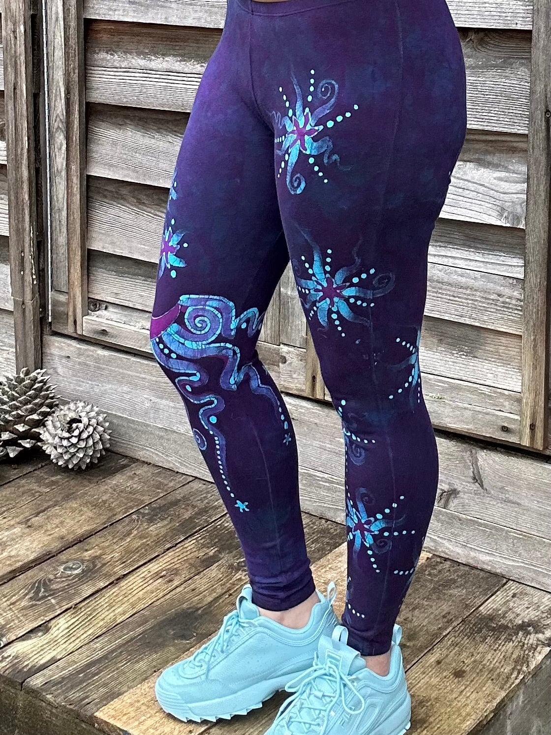 Deep Purple and Turquoise Moon & Star Batik Leggings - Size SMALL leggings batikwalla