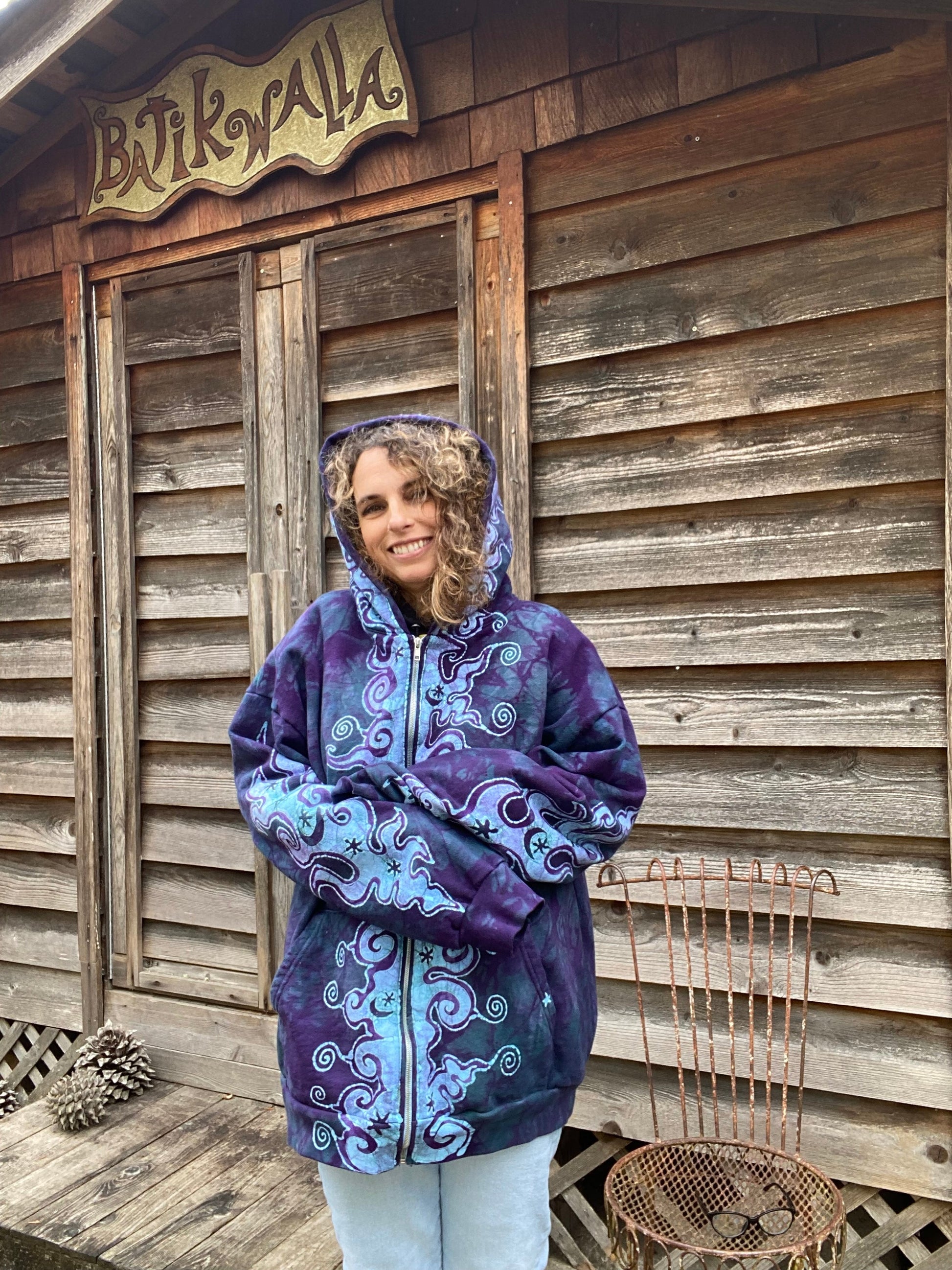 Teal and Purple Tuxedo Swirls with Stars Handcrafted Batik Zipper Hoodie - Size 2X hoodie batikwalla