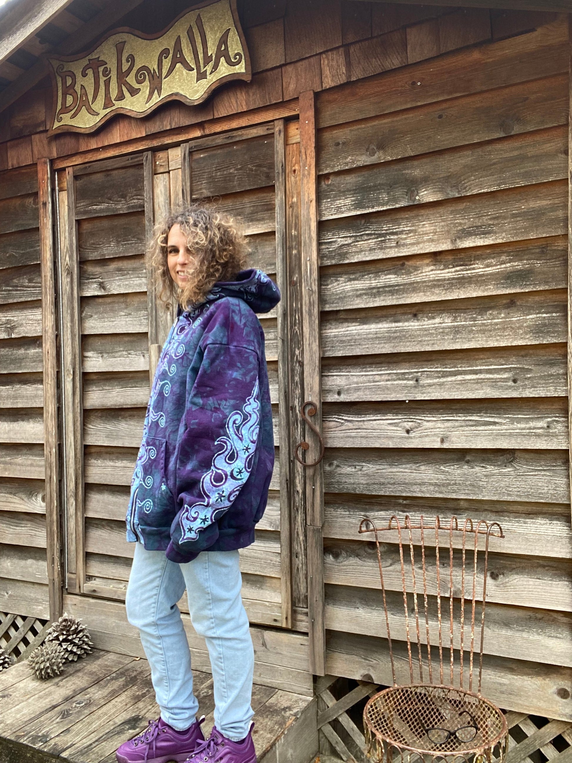 Teal and Purple Tuxedo Swirls with Stars Handcrafted Batik Zipper Hoodie - Size 2X hoodie batikwalla