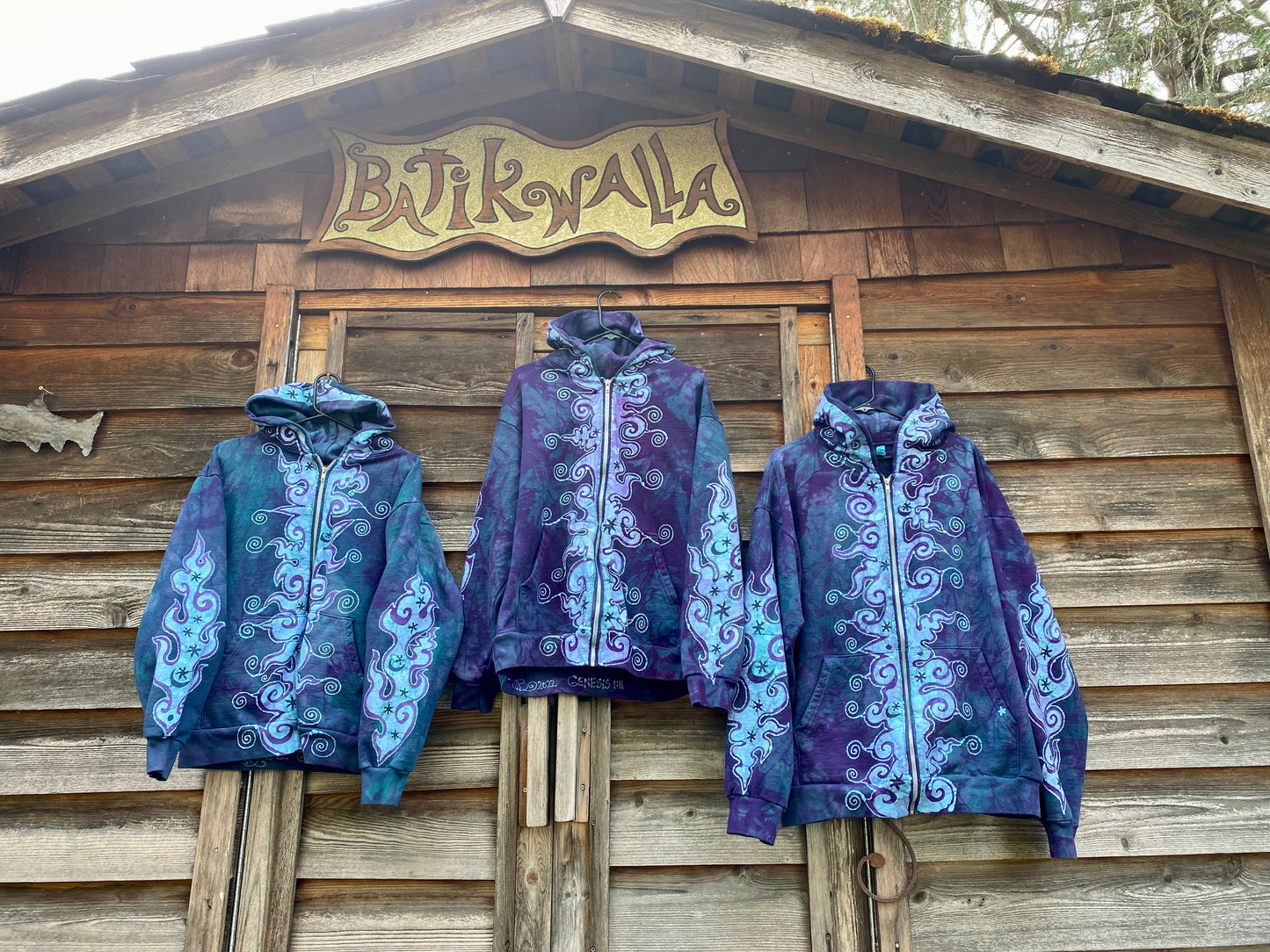Teal and Purple Tuxedo Swirls with Stars Handcrafted Batik Zipper Hoodie - Large hoodie batikwalla
