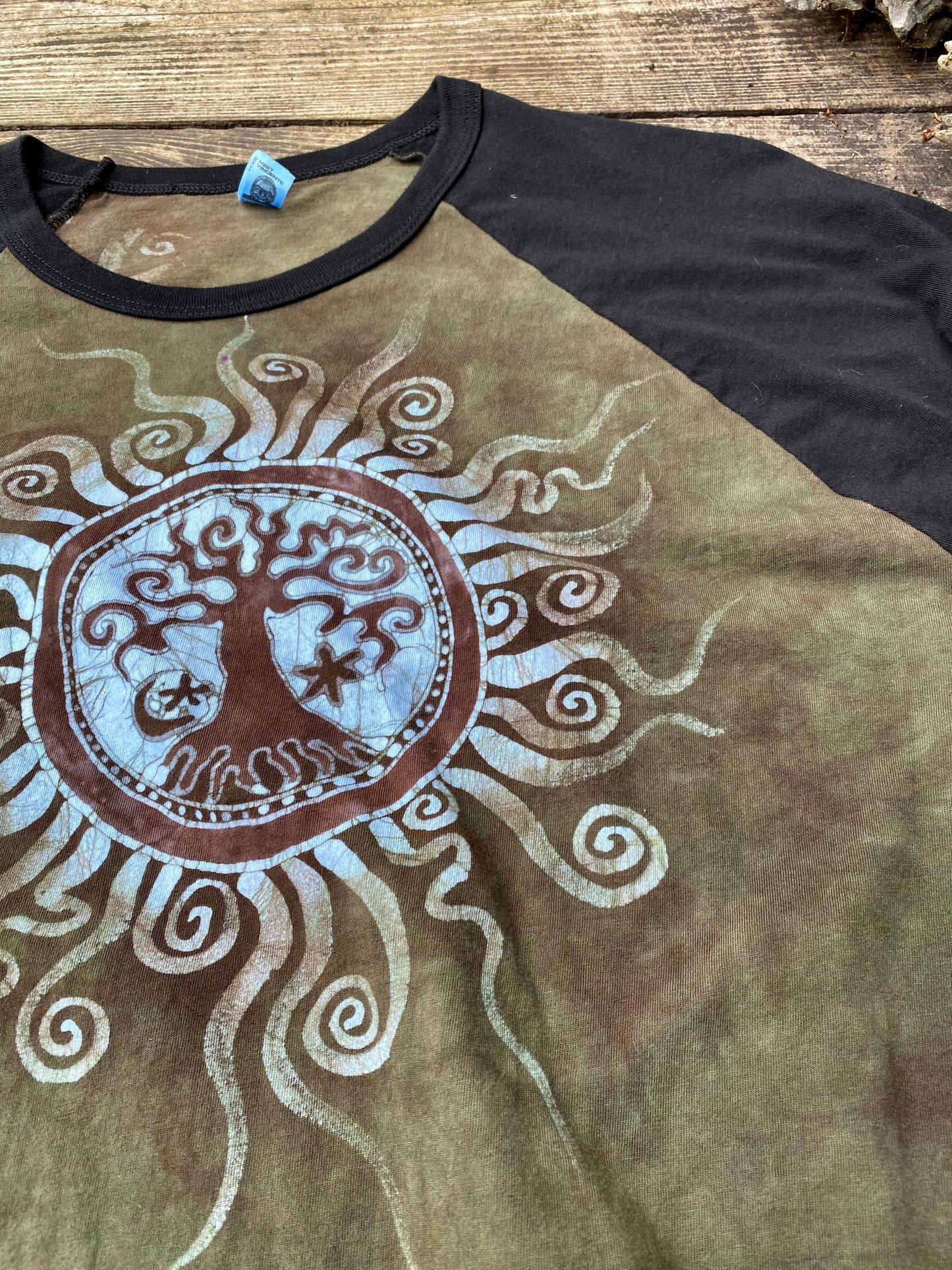 Tree of Life Rises From Ash Black Raglan 3/4 Sleeve Batik Top Batikwalla XL