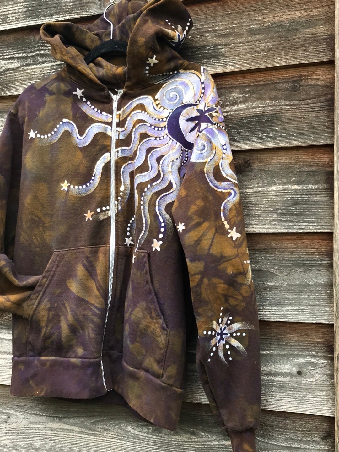 Dark Gold and Purple Moon and Star Handcrafted Batik Zipper Hoodie - Size Small hoodie batikwalla