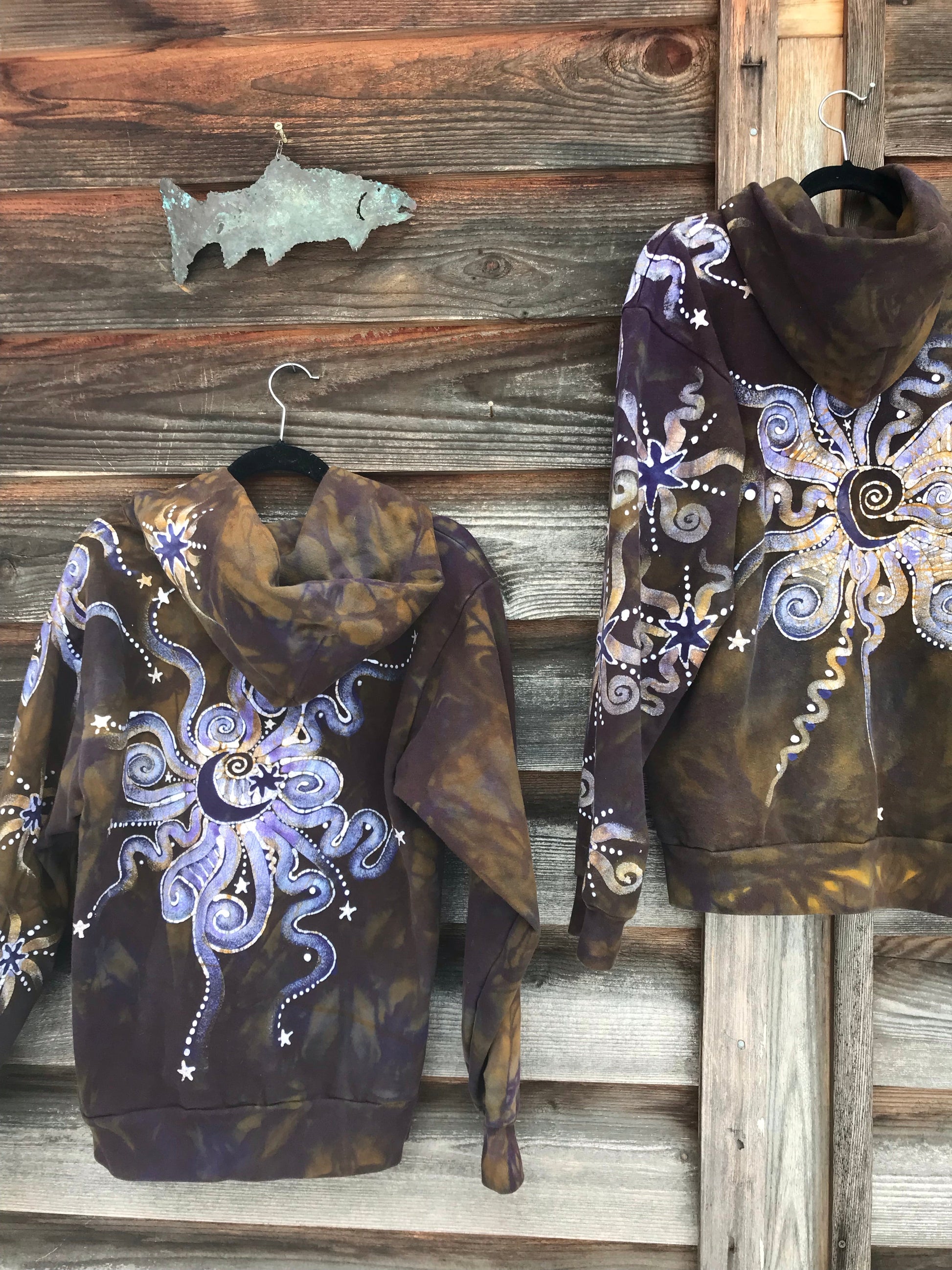 Dark Gold and Purple Moon and Star Handcrafted Batik Zipper Hoodie - Size Small hoodie batikwalla
