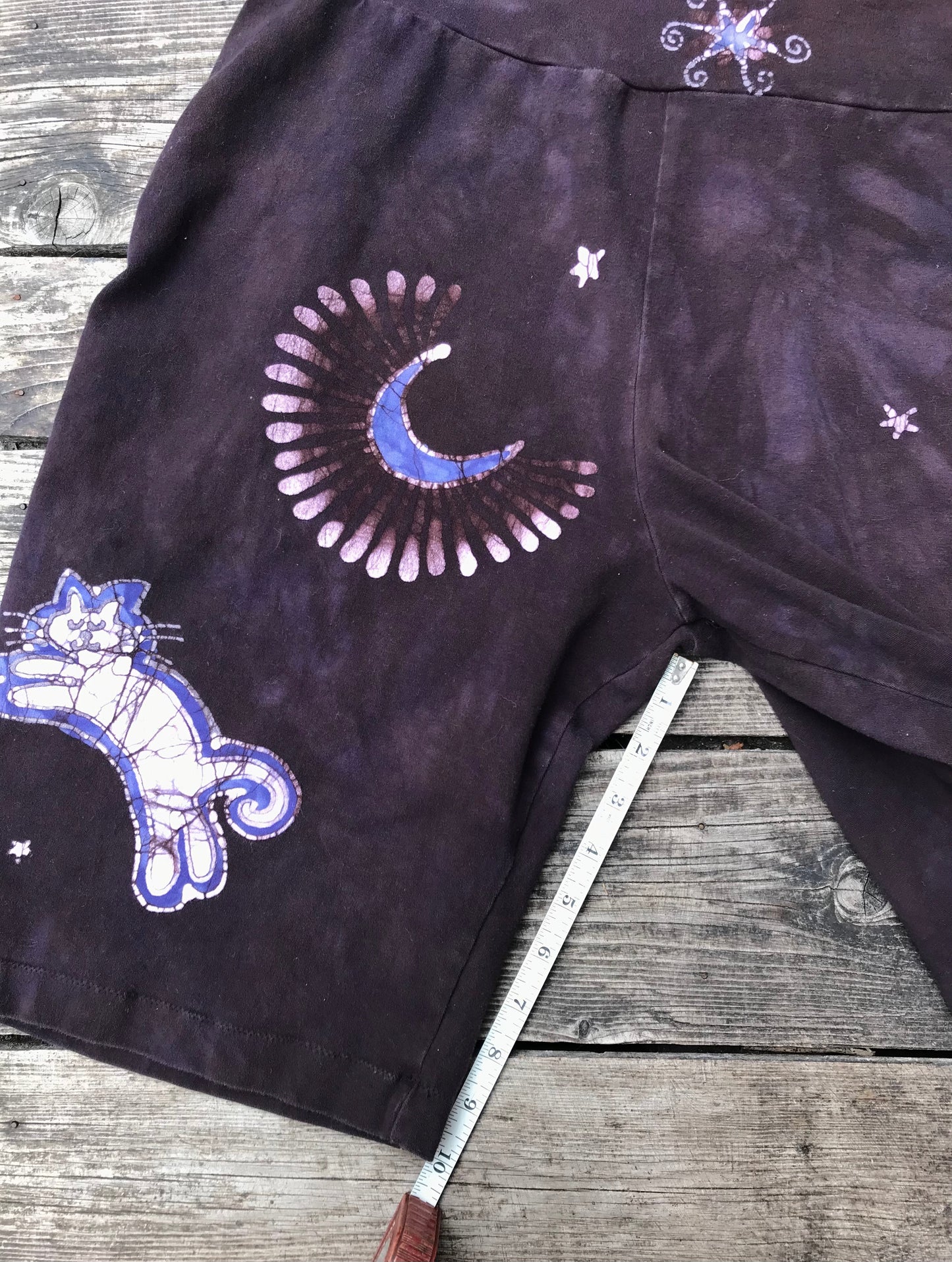 Cat and Moon and Stars Batik Biker Shorts - Purple Eggplant 2X Batikwalla by Victoria