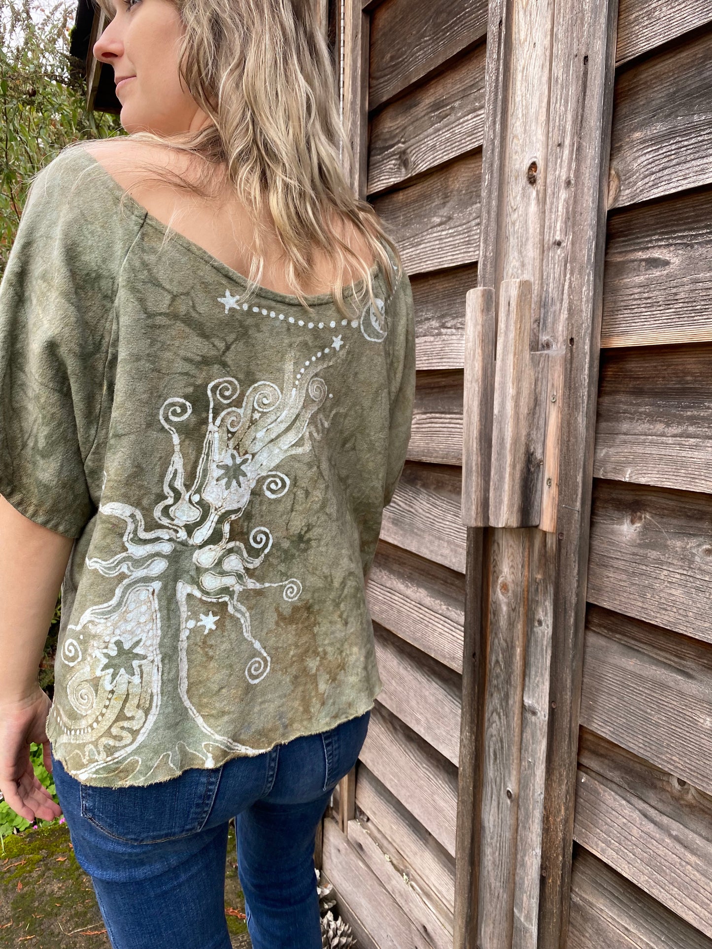 Desert Tree Sage Moon Organic Cotton Terry Handmade Batik Top - M/L (Oversized) Batik Dresses Batikwalla