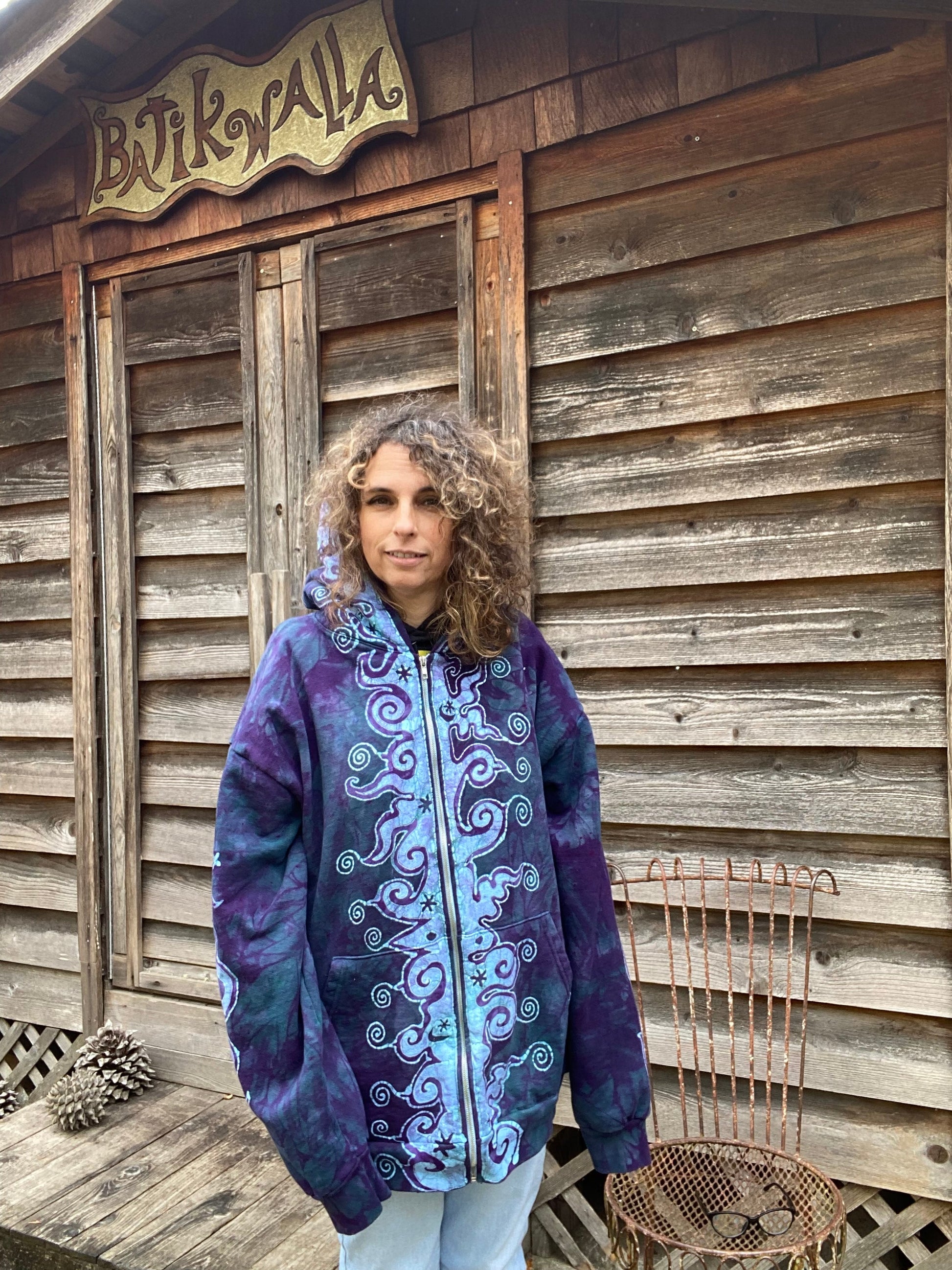 Teal and Purple Tuxedo Swirls with Stars Handcrafted Batik Zipper Hoodie - Size 2X hoodie batikwalla