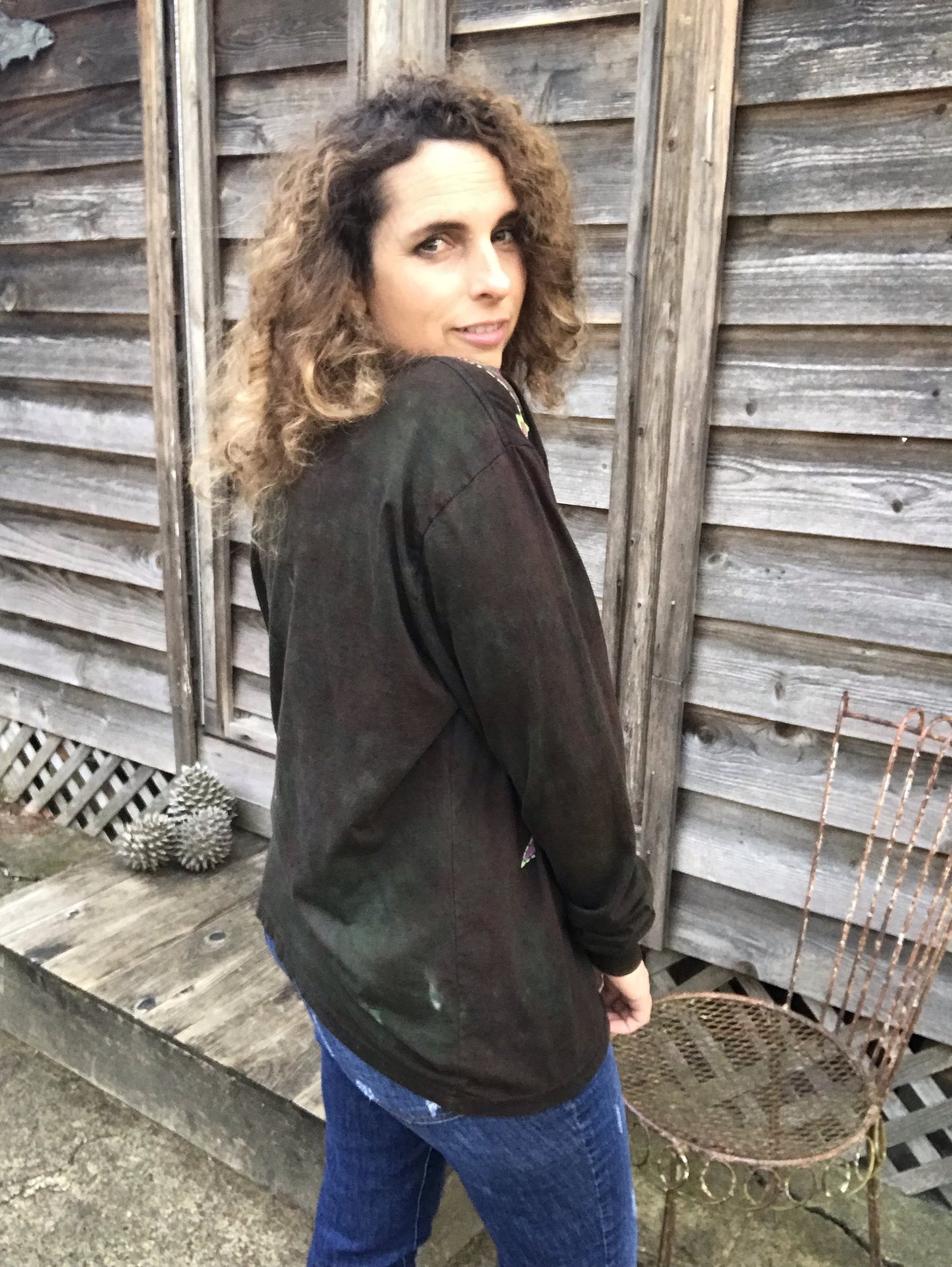 Jellyfish Moon in Dark Chocolate Handmade Batik Long Sleeve Tshirt - Size XL