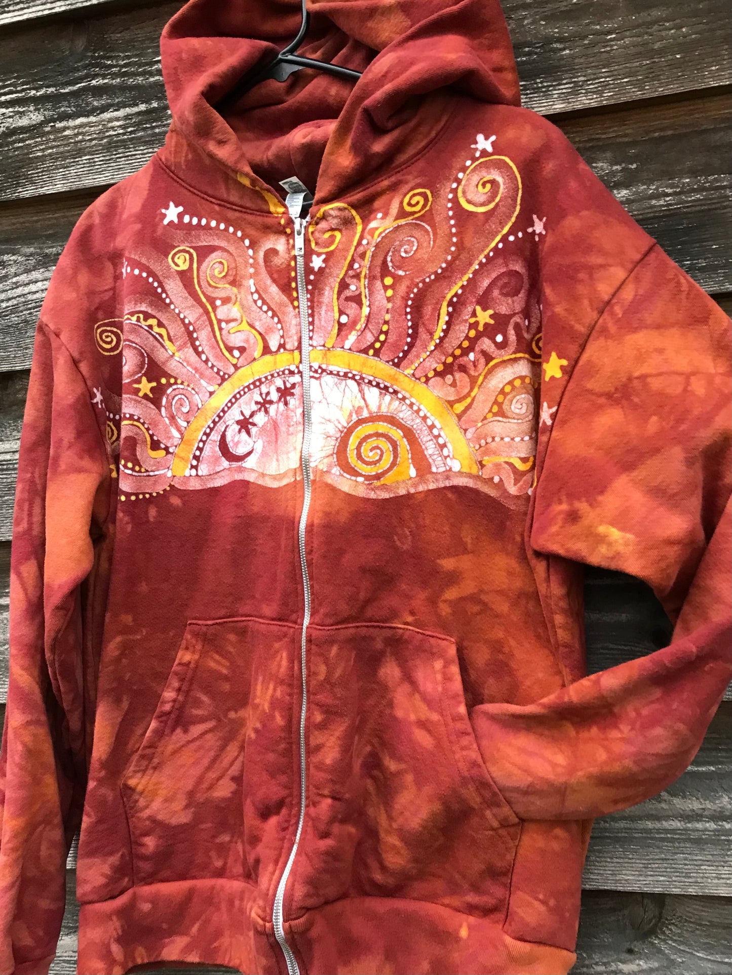 Cayenne Orange Sunset Handcrafted Batik Zipper Hoodie - Size Large hoodie batikwalla