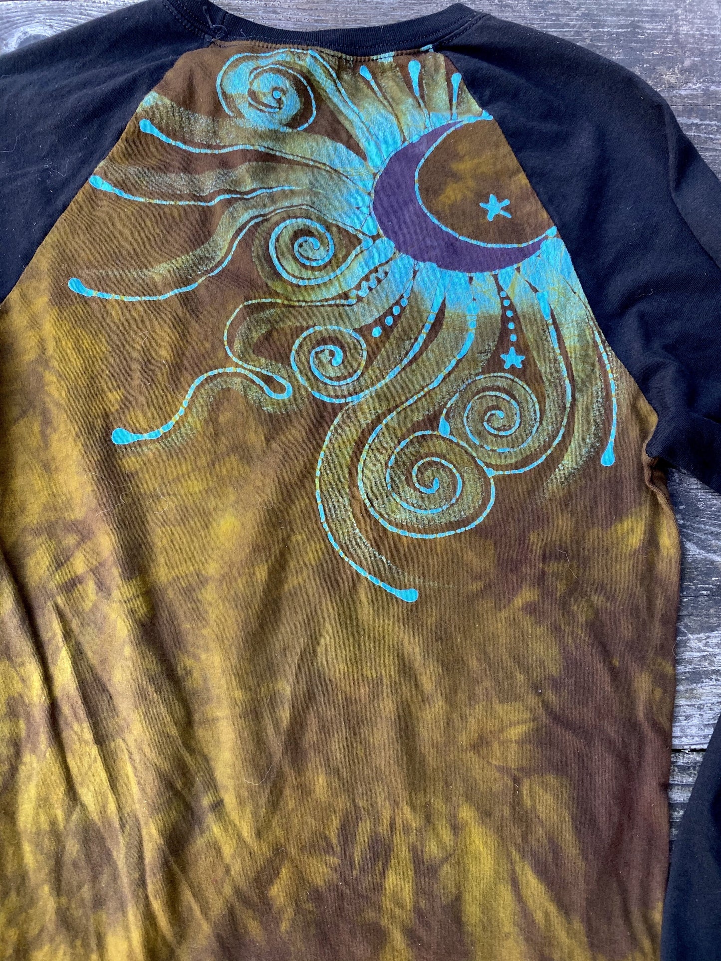 Turquoise Aura Tree Black Raglan Long Sleeve Batik Top by Batikwalla Batikwalla