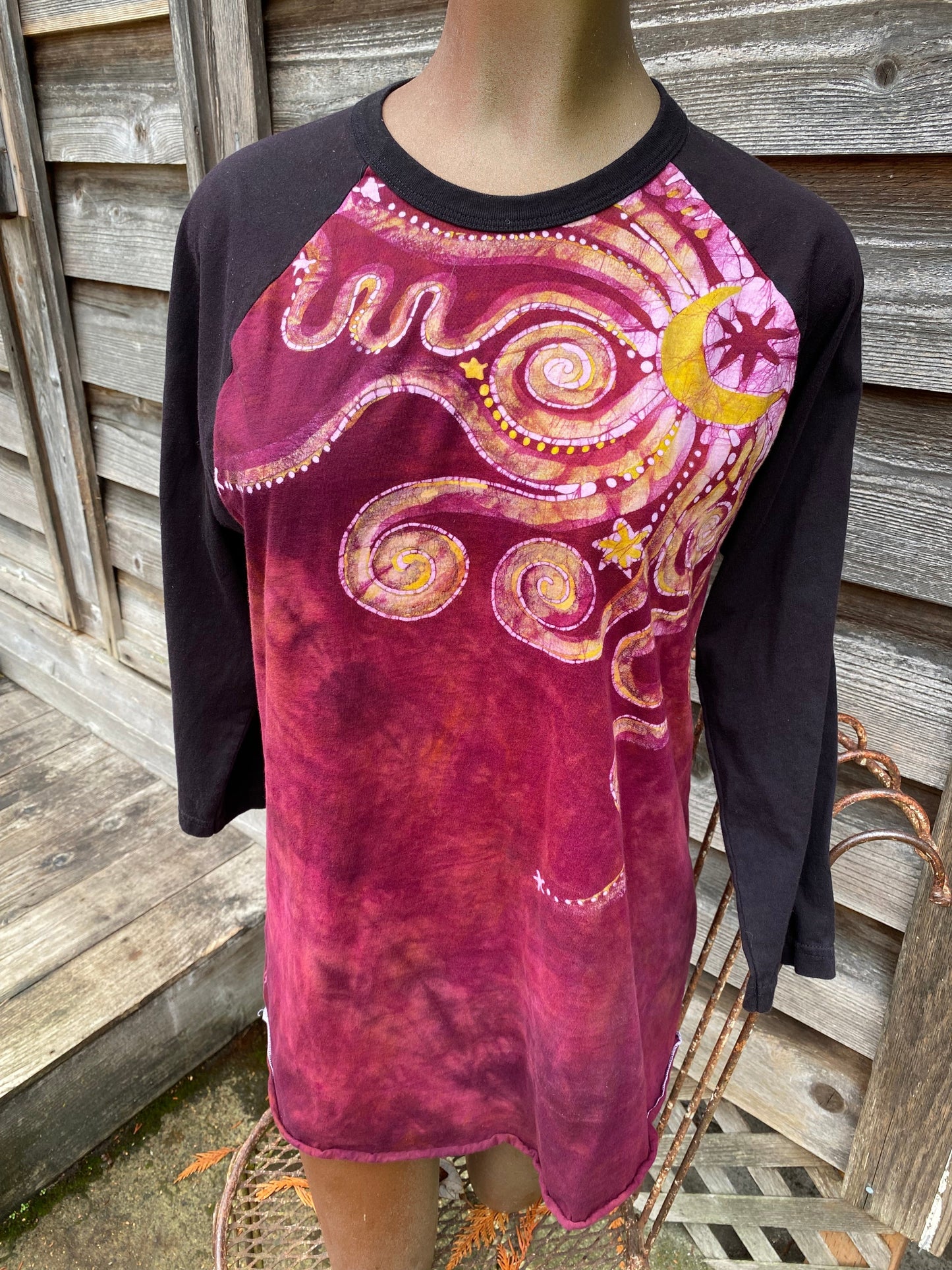 Sunshine and Merlot Moon Swirls Black Raglan 3/4 Sleeve Batik Top Batikwalla Medium