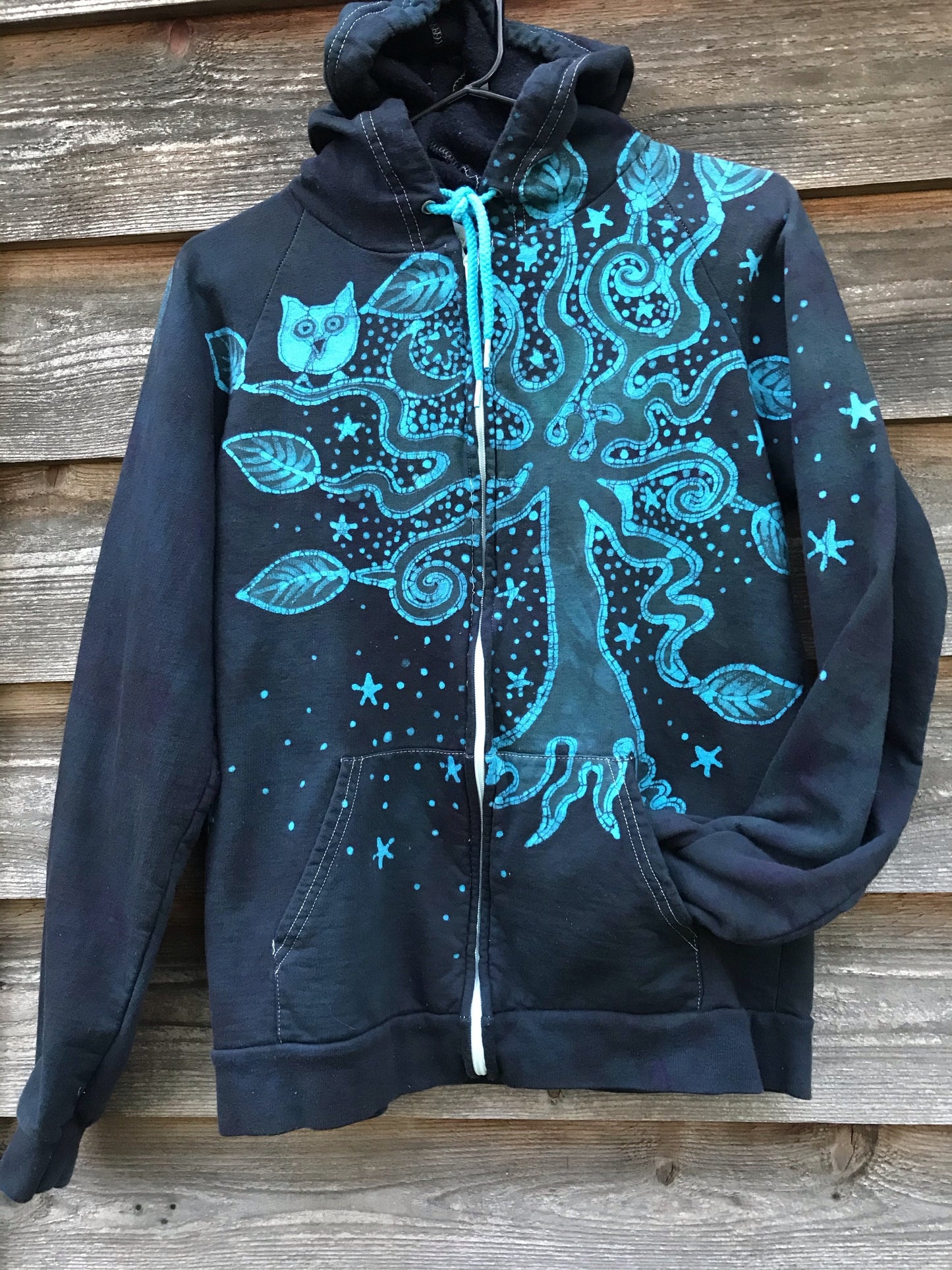 Owl Perched In A Magical Tree Handmade Batik Hoodie - Organic Cotton - Size Small ONLY hoodie batikwalla