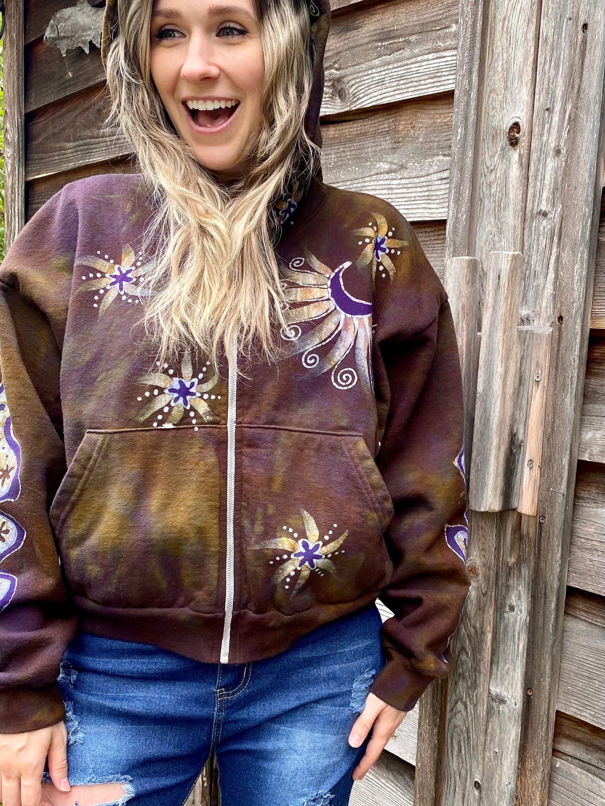 Dark Gold and Purple Moon and Stars Handmade Batik Hoodie - Size M/L hoodie batikwalla