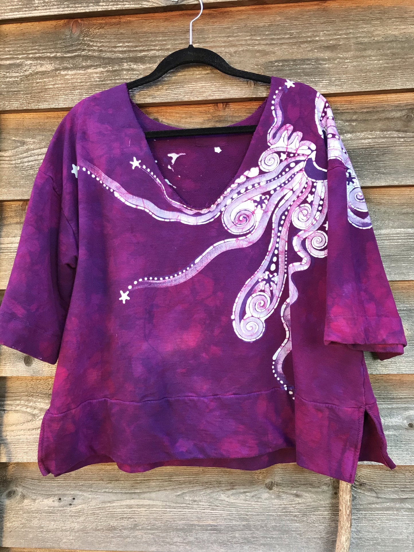Berry Moon Deep Vneck Organic Cotton Handmade Batik Top, Size XL + Batik Dresses Batikwalla