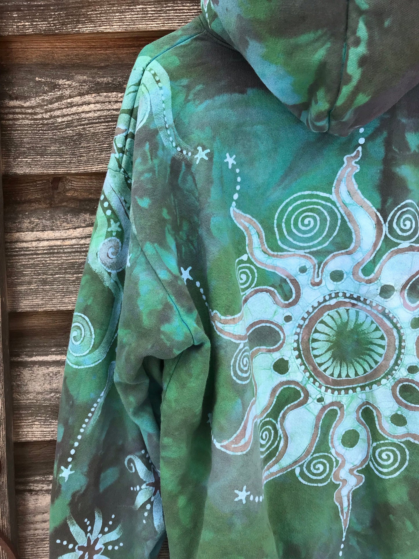 Mushroom and Moss Green Moon Handcrafted Batik Zipper Hoodie - Size Small hoodie batikwalla