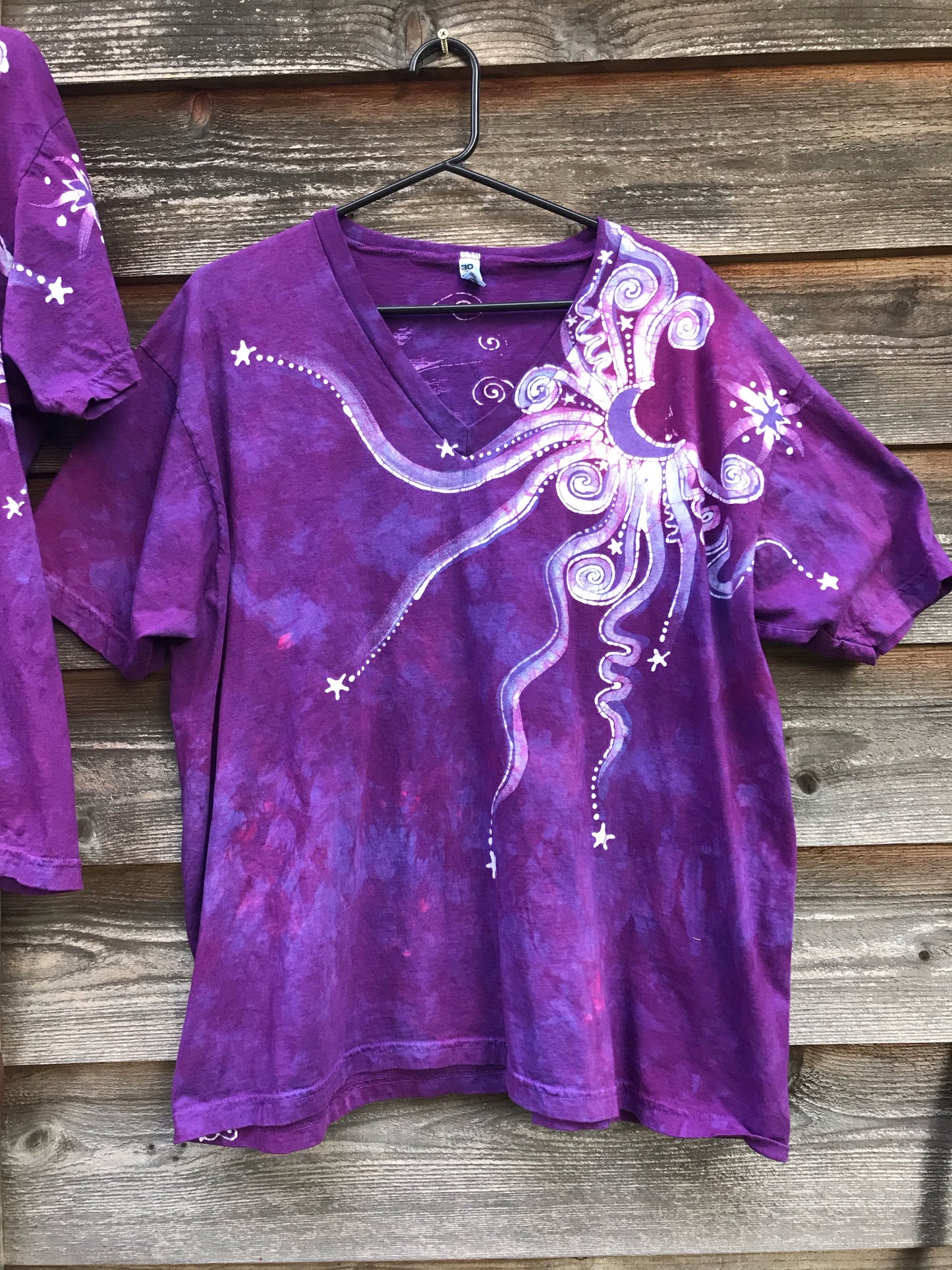 Fuchsia Moonbeams Hand Painted Batikwalla Vneck Tshirt - Unisex Tshirts batikwalla 2X