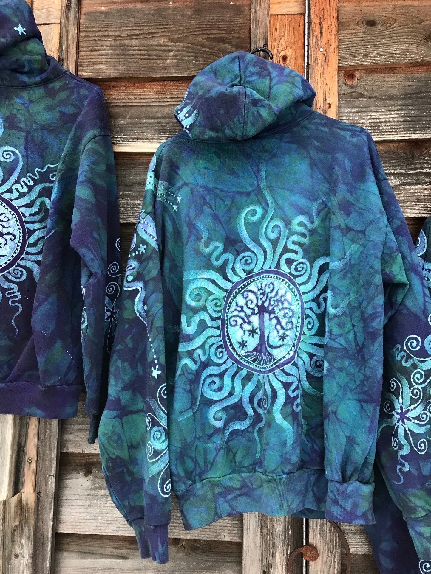 Teal and Purple Tree of Life Handcrafted Batik Zipper Hoodie - Size 2X hoodie batikwalla
