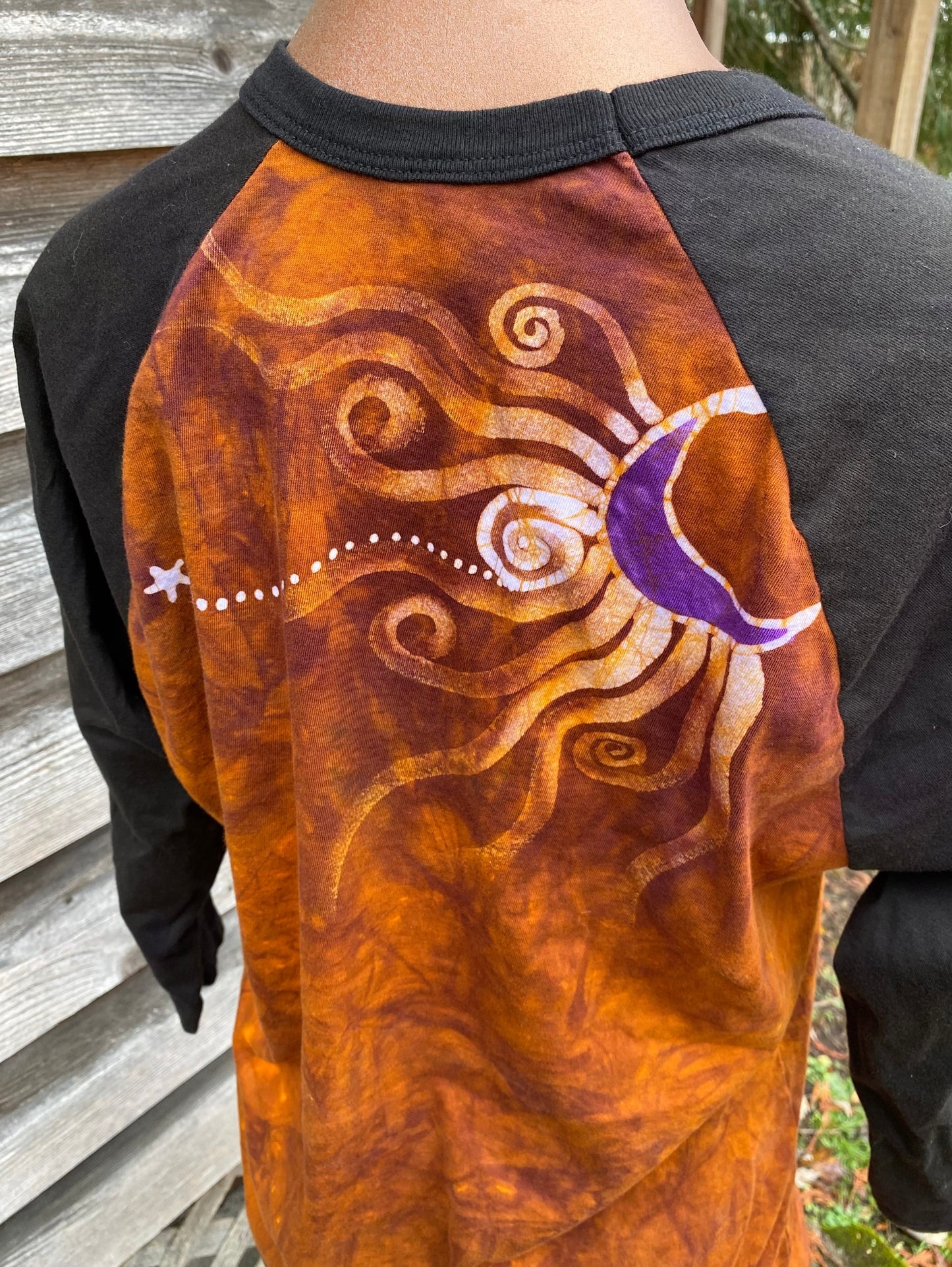 Big Sun Moon Star Swirls Black Raglan 3/4 Sleeve Batik Top Batikwalla