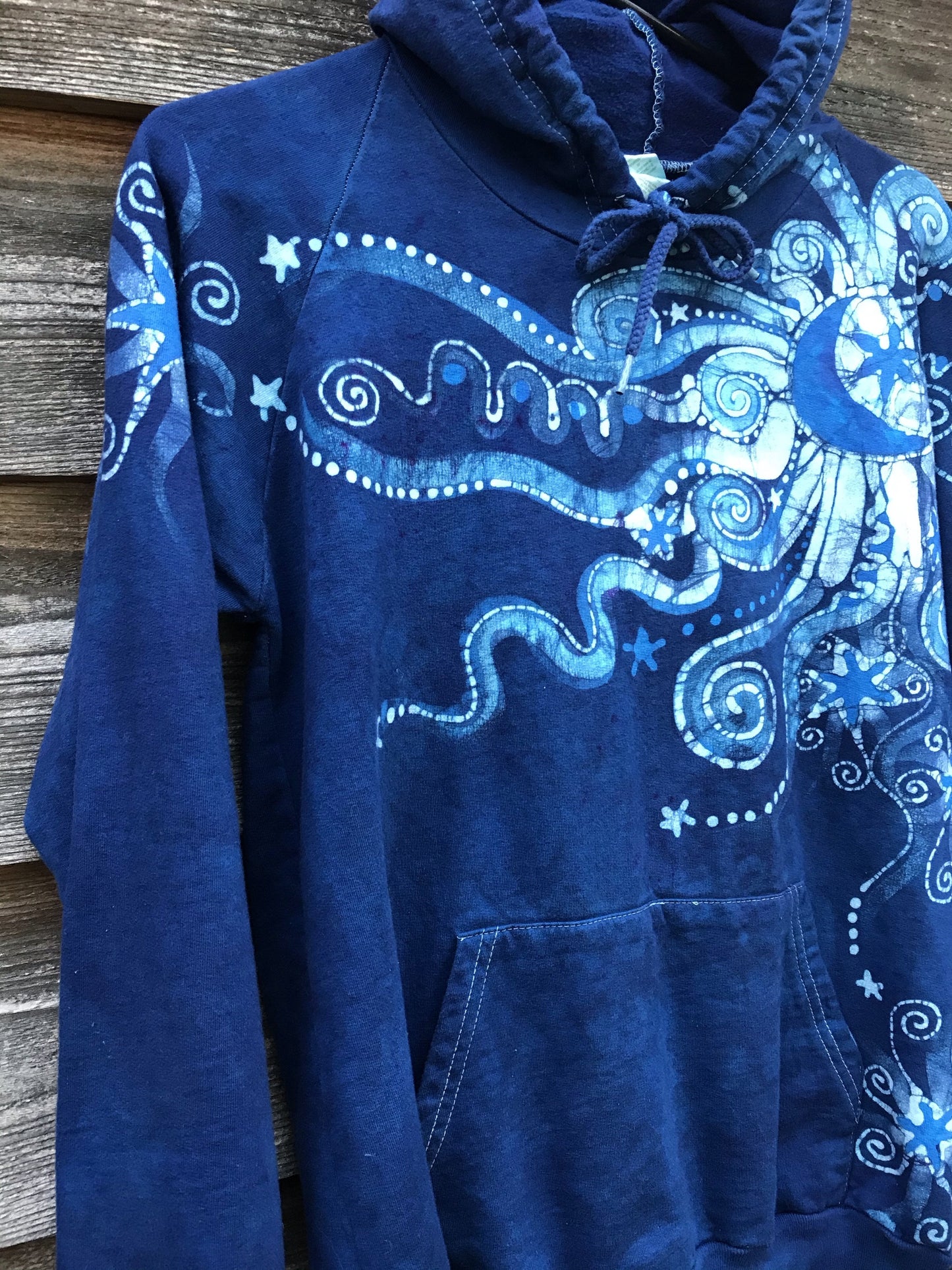 Blue Rain Moonpower Pullover Batik Hoodie - Handcrafted In Organic Cotton - Size Small ONLY hoodie batikwalla