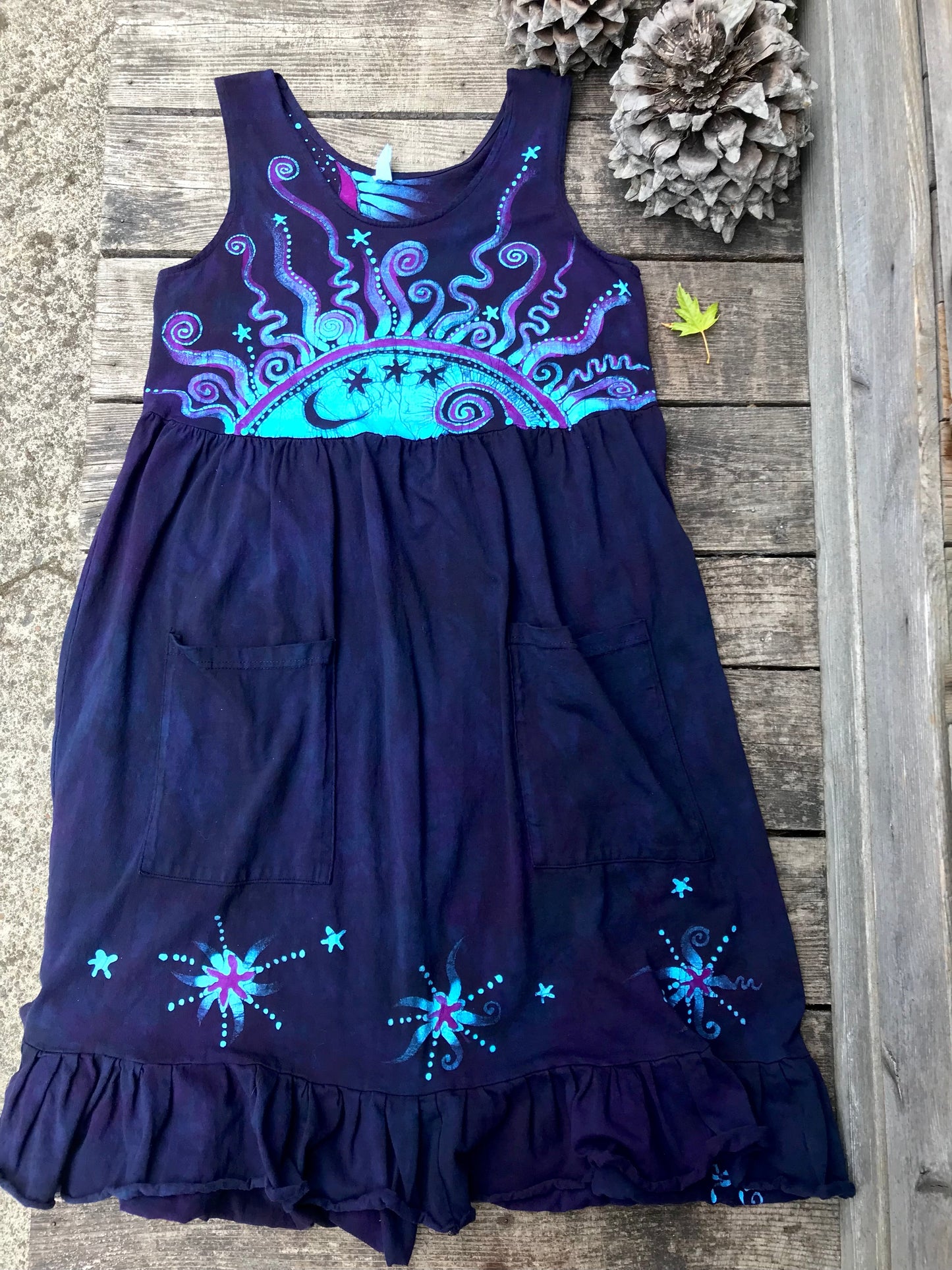 Mystic Moonlight with Turquoise Sunrise - Farmer's Market Pocket Dress - Size XL Batik Dresses Batikwalla