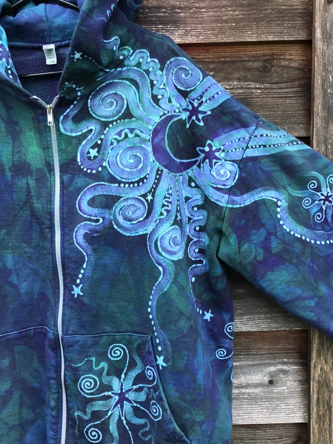 Teal and Purple Tree of Life Handcrafted Batik Zipper Hoodie - Size 2X hoodie batikwalla