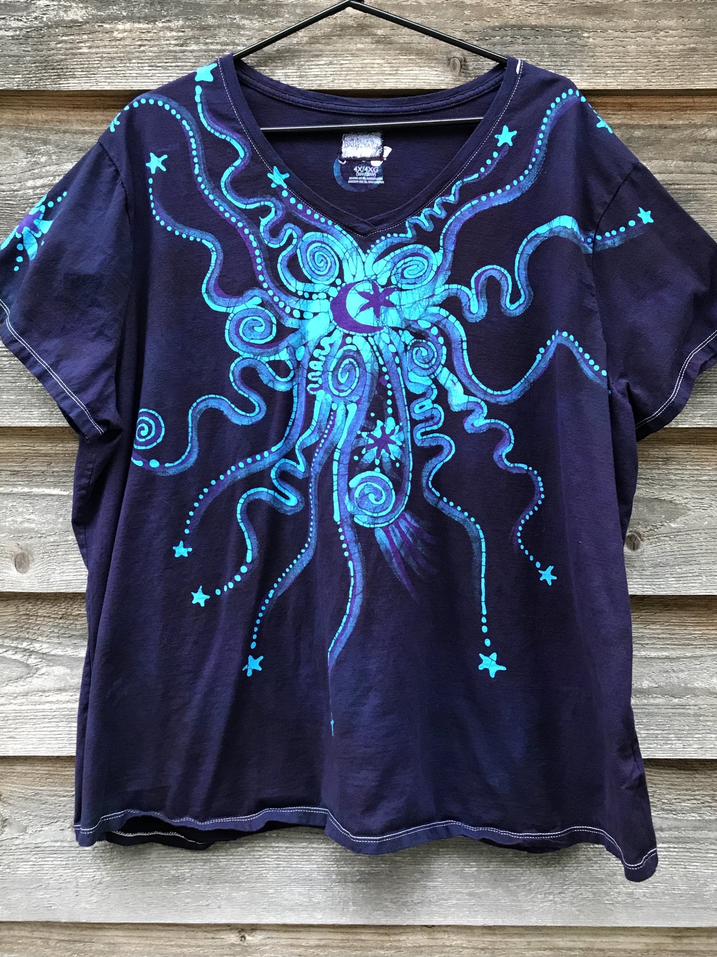 Midnight Blue and Turquoise Moonbeams Handmade Batikwalla Vneck - Women's Size 3X