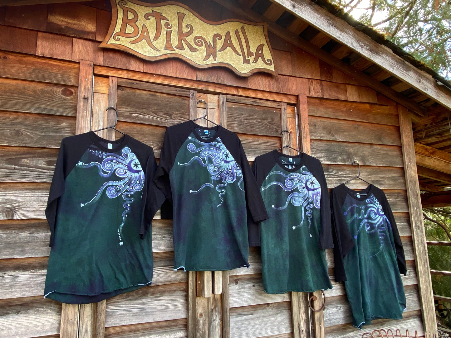Teal Moonbeams Black Raglan 3/4 Sleeve Batik Top Batikwalla XL