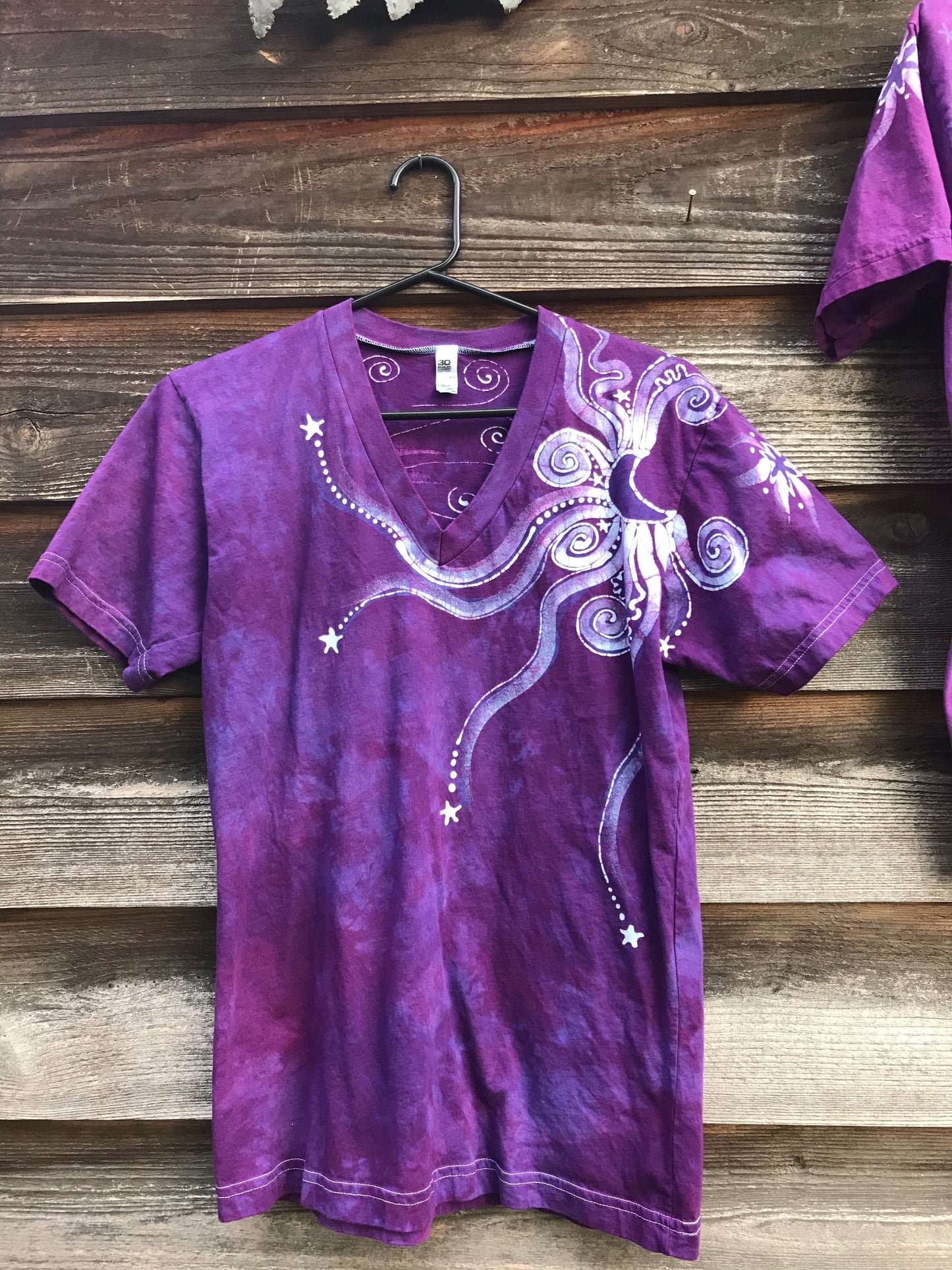 Fuchsia Moonbeams Hand Painted Batikwalla Vneck Tshirt - Unisex Tshirts batikwalla Small