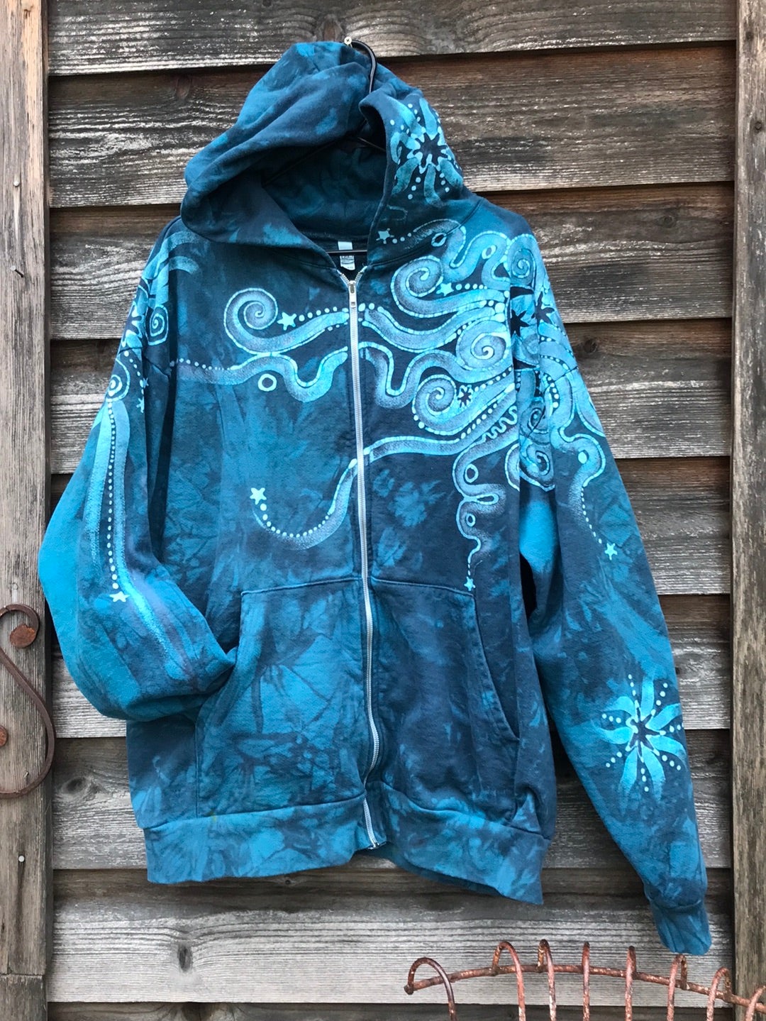 Denim Blue Moon Handcrafted Batik Zipper Hoodie - Size 2X hoodie batikwalla