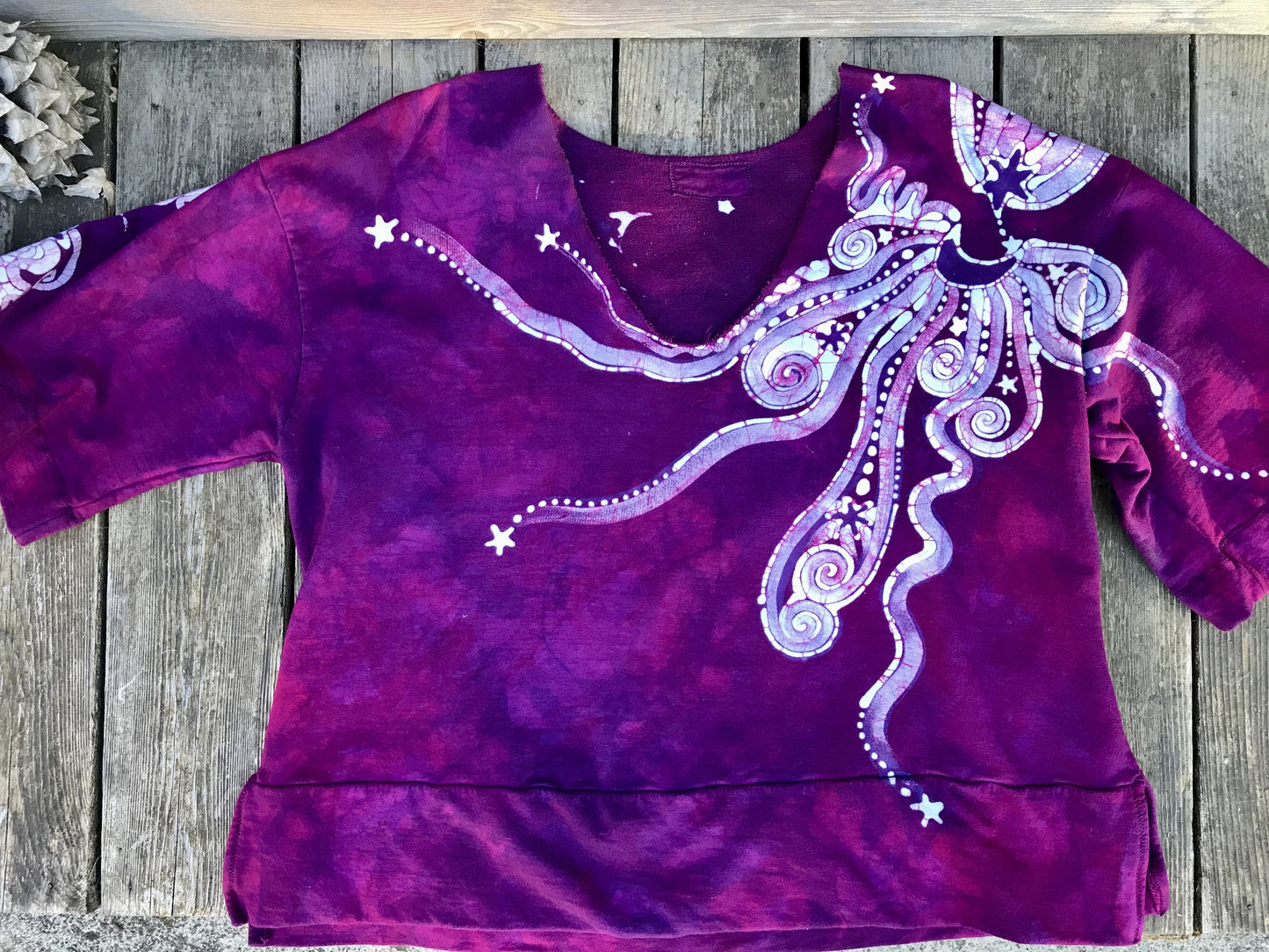 Berry Moon Deep Vneck Organic Cotton Handmade Batik Top, Size XL + Batik Dresses Batikwalla