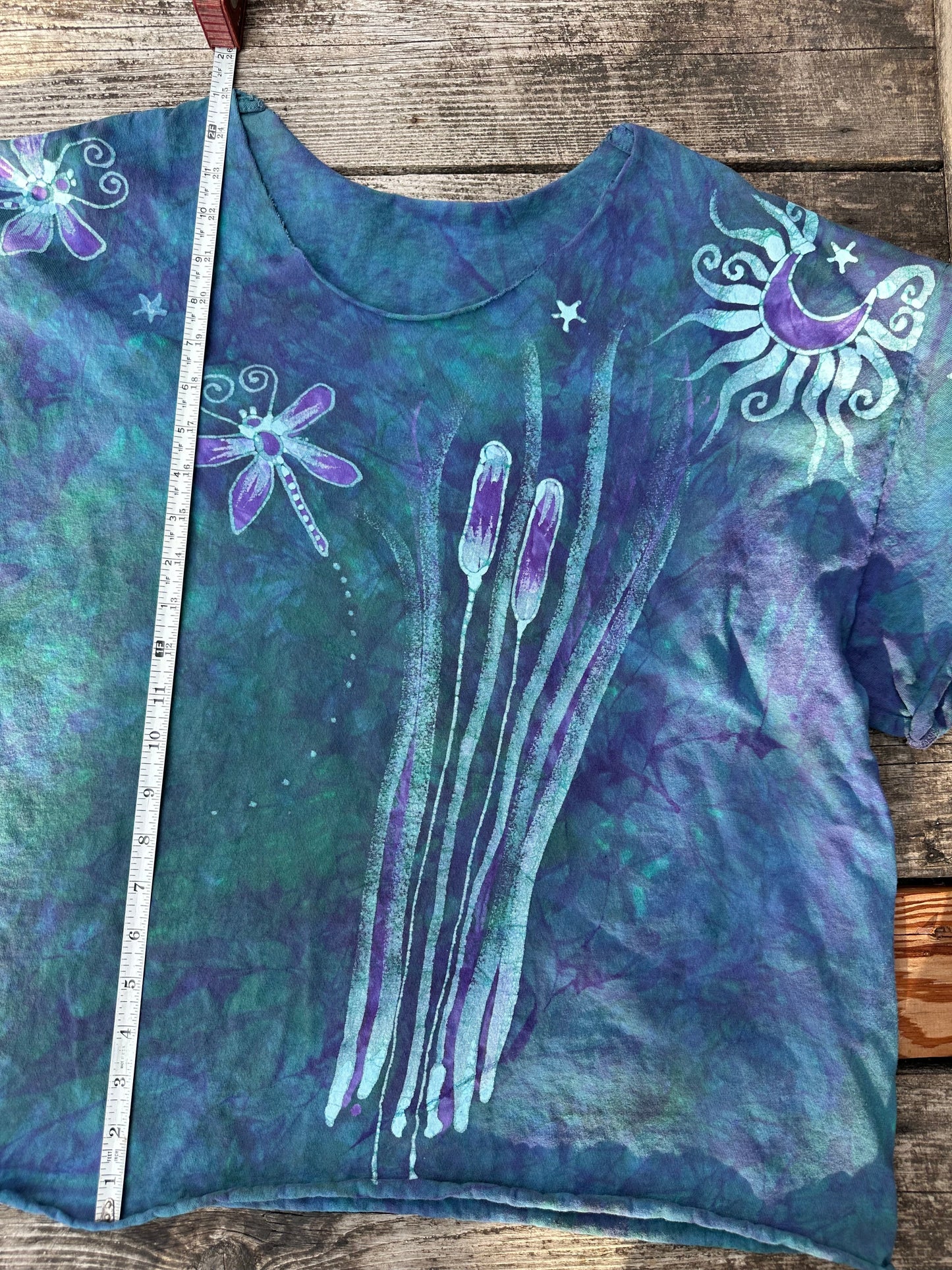 Dragonfly in Teal and Purple Cotton Cropped Crew Tee - Size XL Shirts & Tops Batikwalla by Victoria