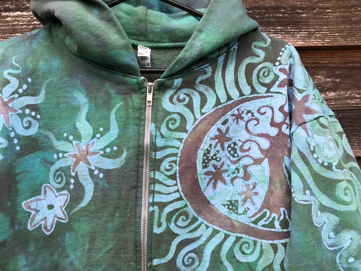 Mushroom and Moss Green Moon Handcrafted Batik Zipper Hoodie - Size Medium hoodie batikwalla