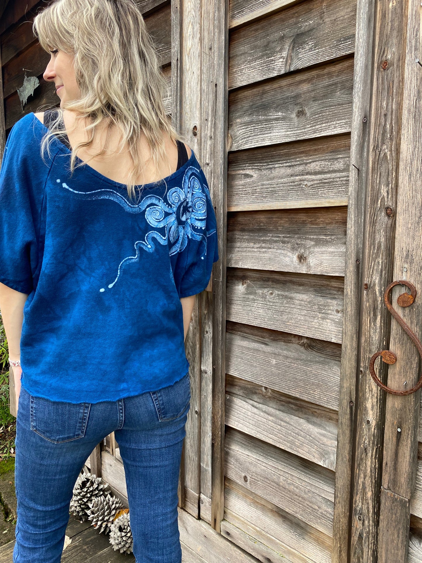 Bluest of Moons Organic Cotton Terry Handmade Batik Top - M/L (Oversized) Batik Dresses Batikwalla