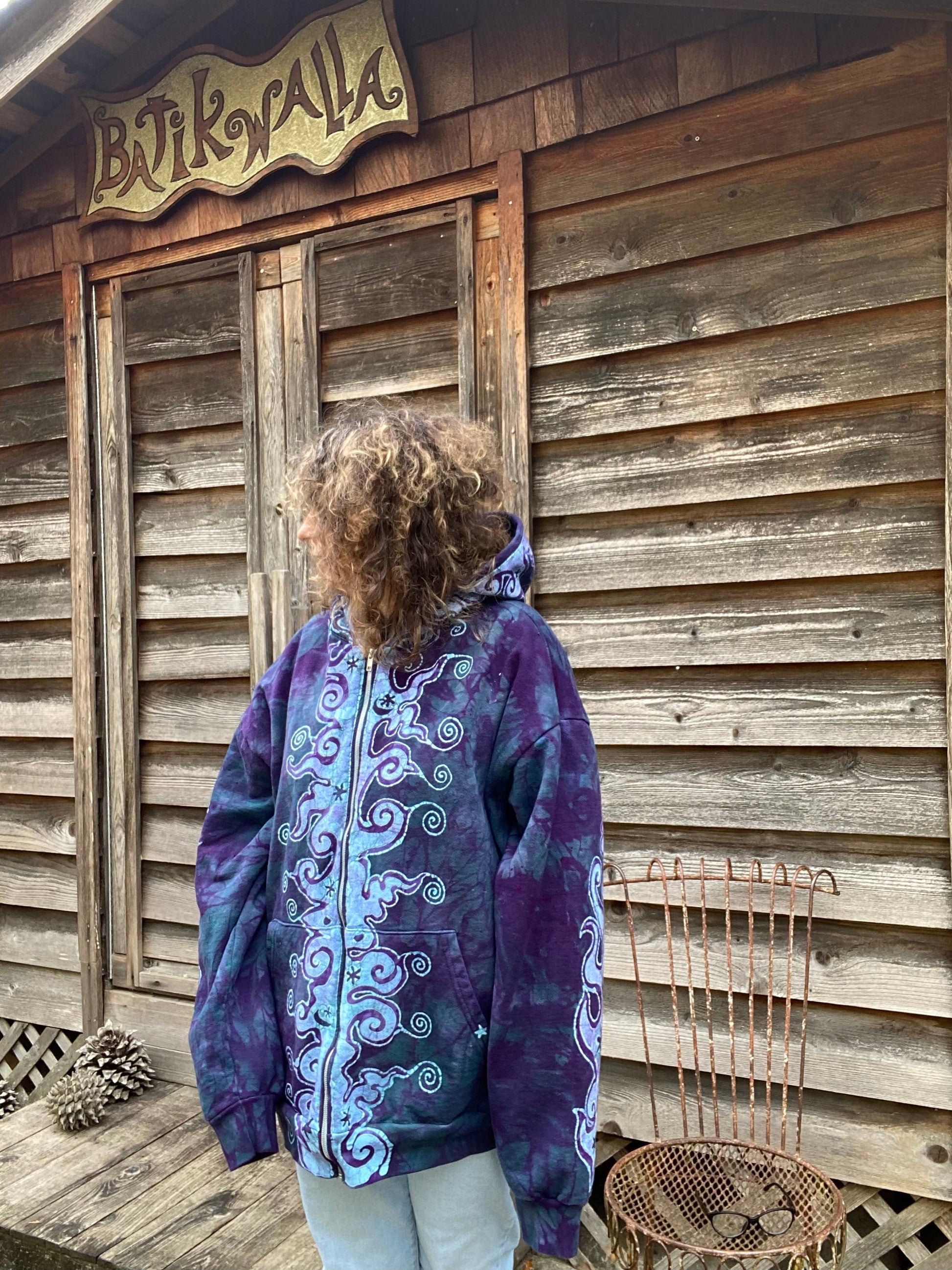 Teal and Purple Tuxedo Swirls with Stars Handcrafted Batik Zipper Hoodie - Size 2X hoodie batikwalla
