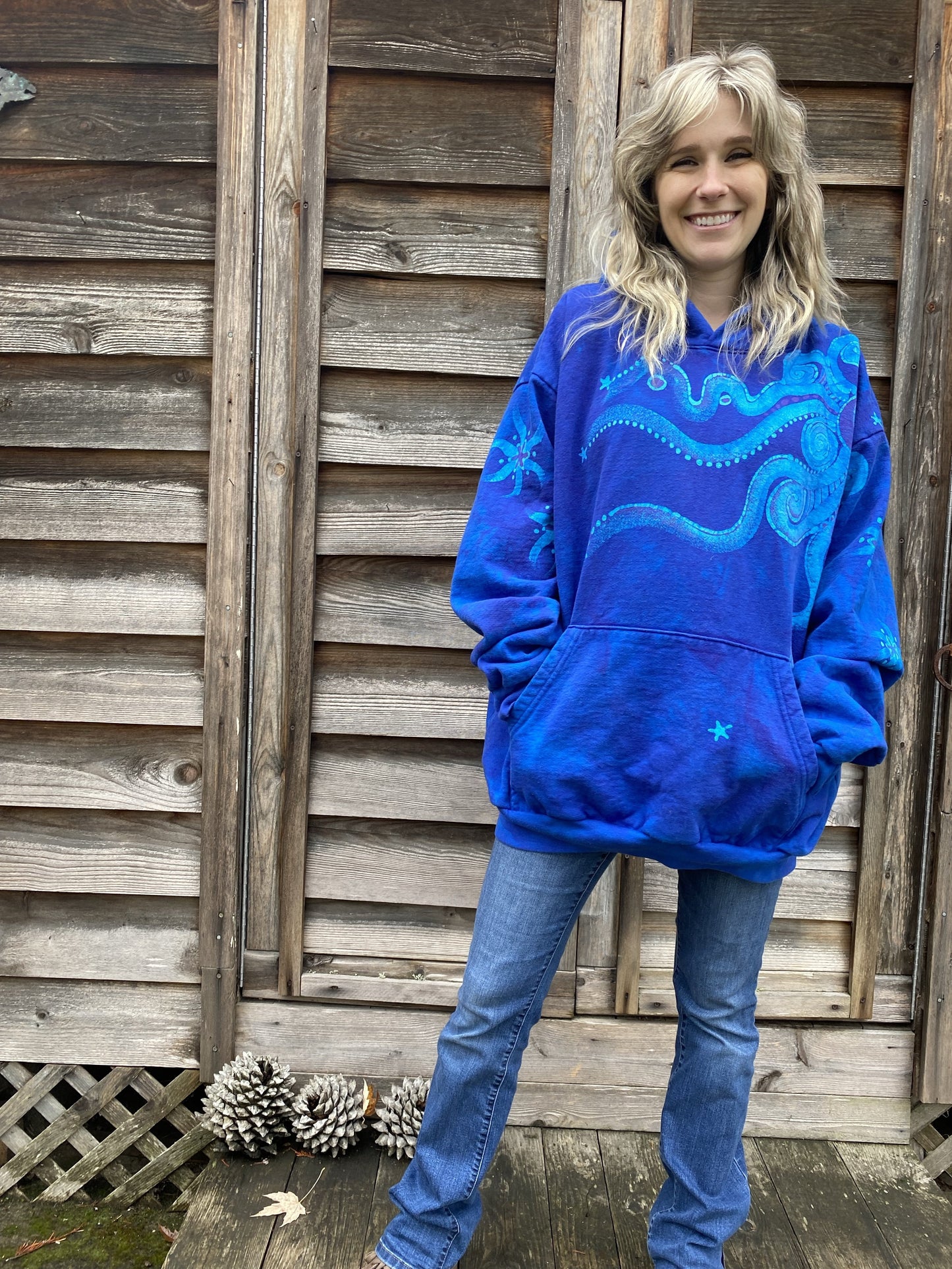 Made for Susanne H. MEMBER EXCLUSIVE Bright Blue Moonlight Cascade Pullover Hoodie - Size 2X hoodie batikwalla