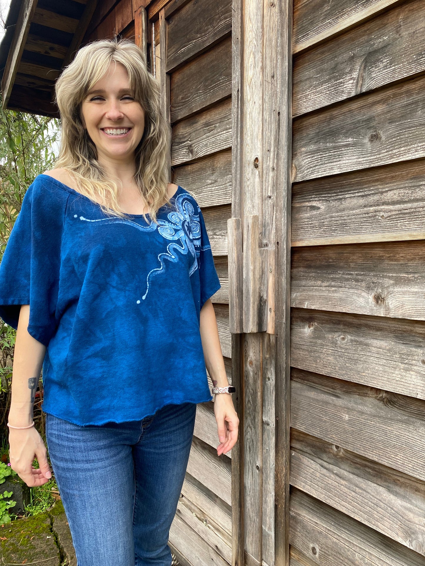 Bluest of Moons Organic Cotton Terry Handmade Batik Top - L/XL (Extremely Oversized) Batik Dresses Batikwalla
