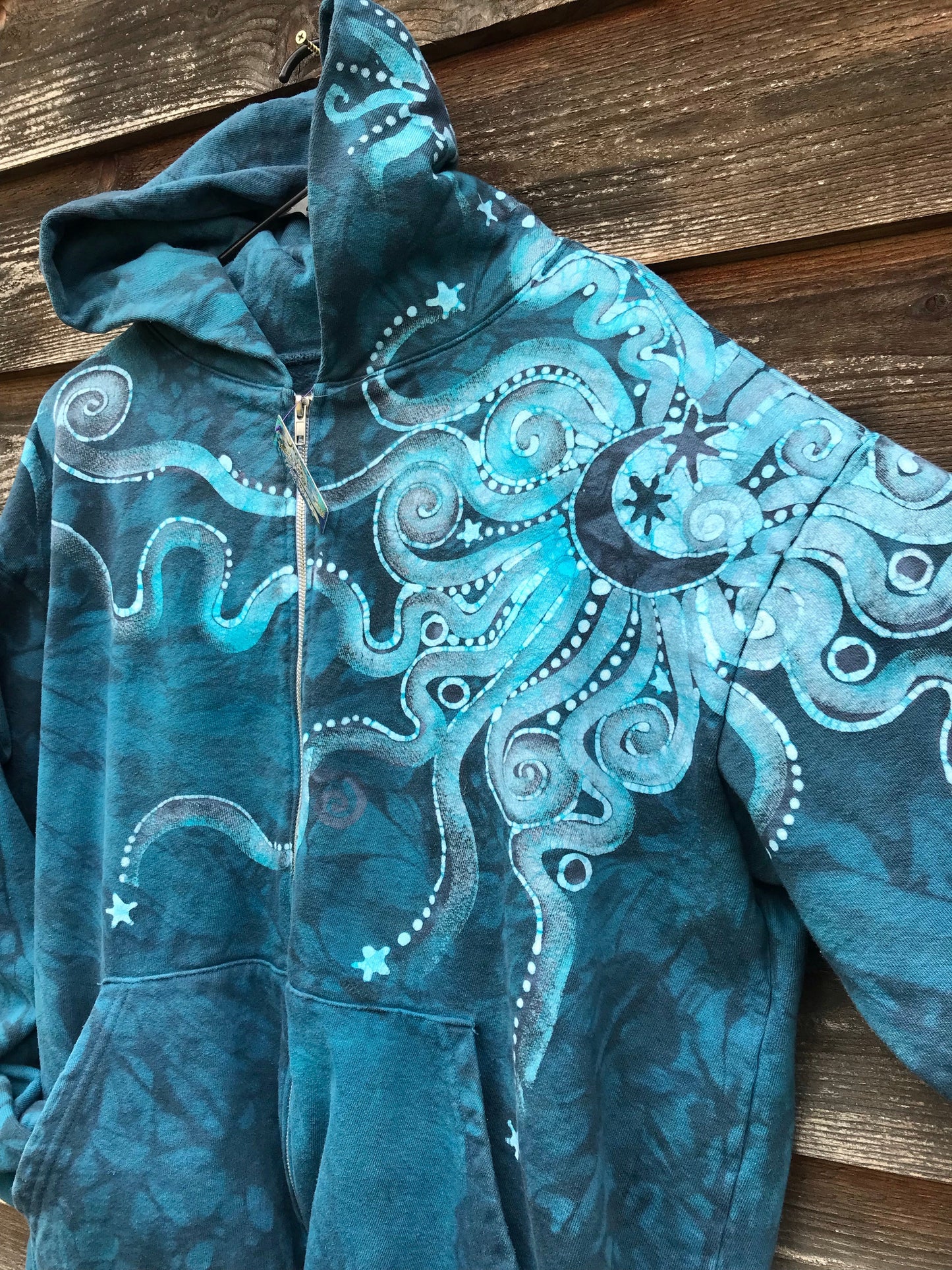 Denim Blue Moon Handcrafted Batik Zipper Hoodie - Size 2X hoodie batikwalla